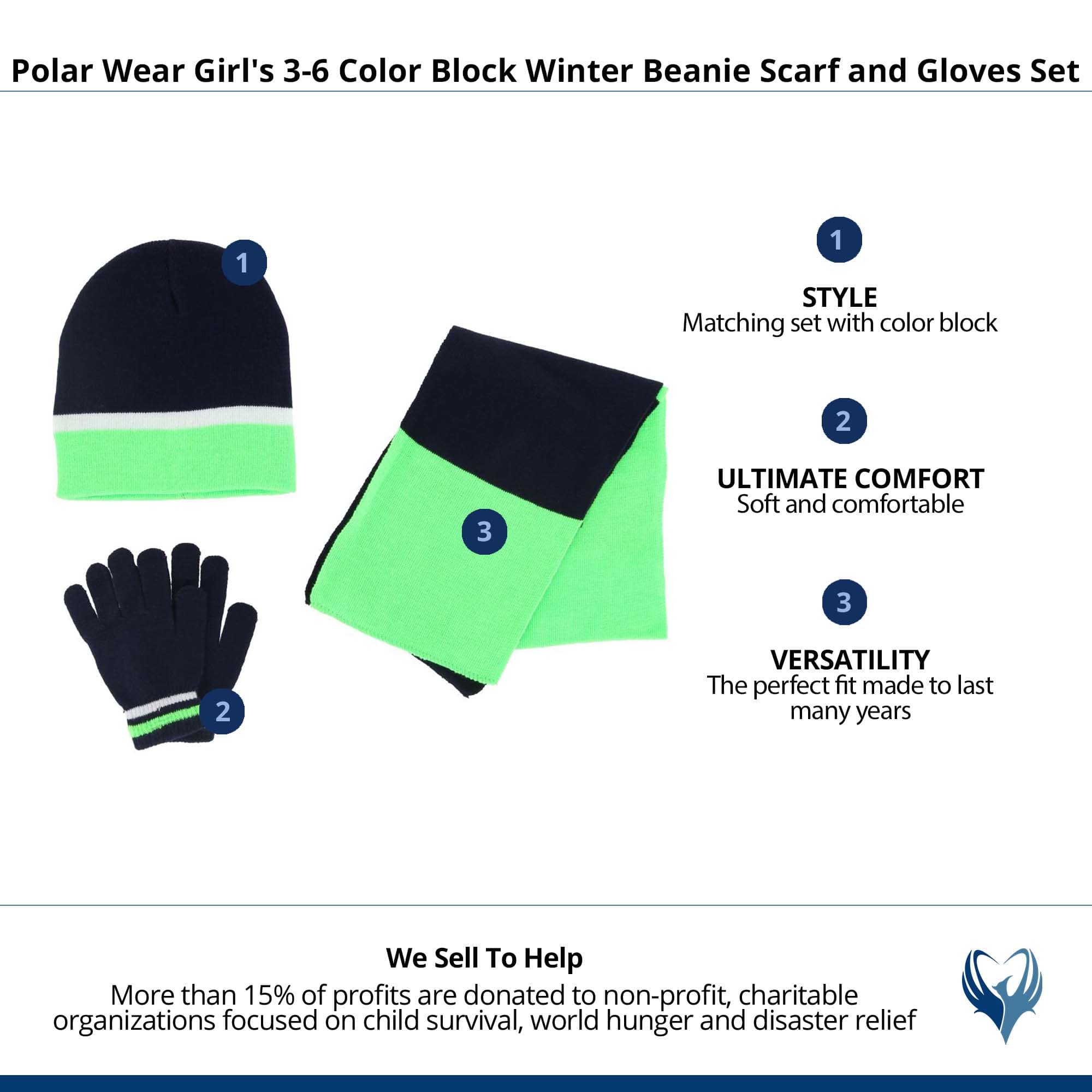 Polar Wear Girl's 3-6 Color Block Winter Beanie Scarf and Gloves Set - Green