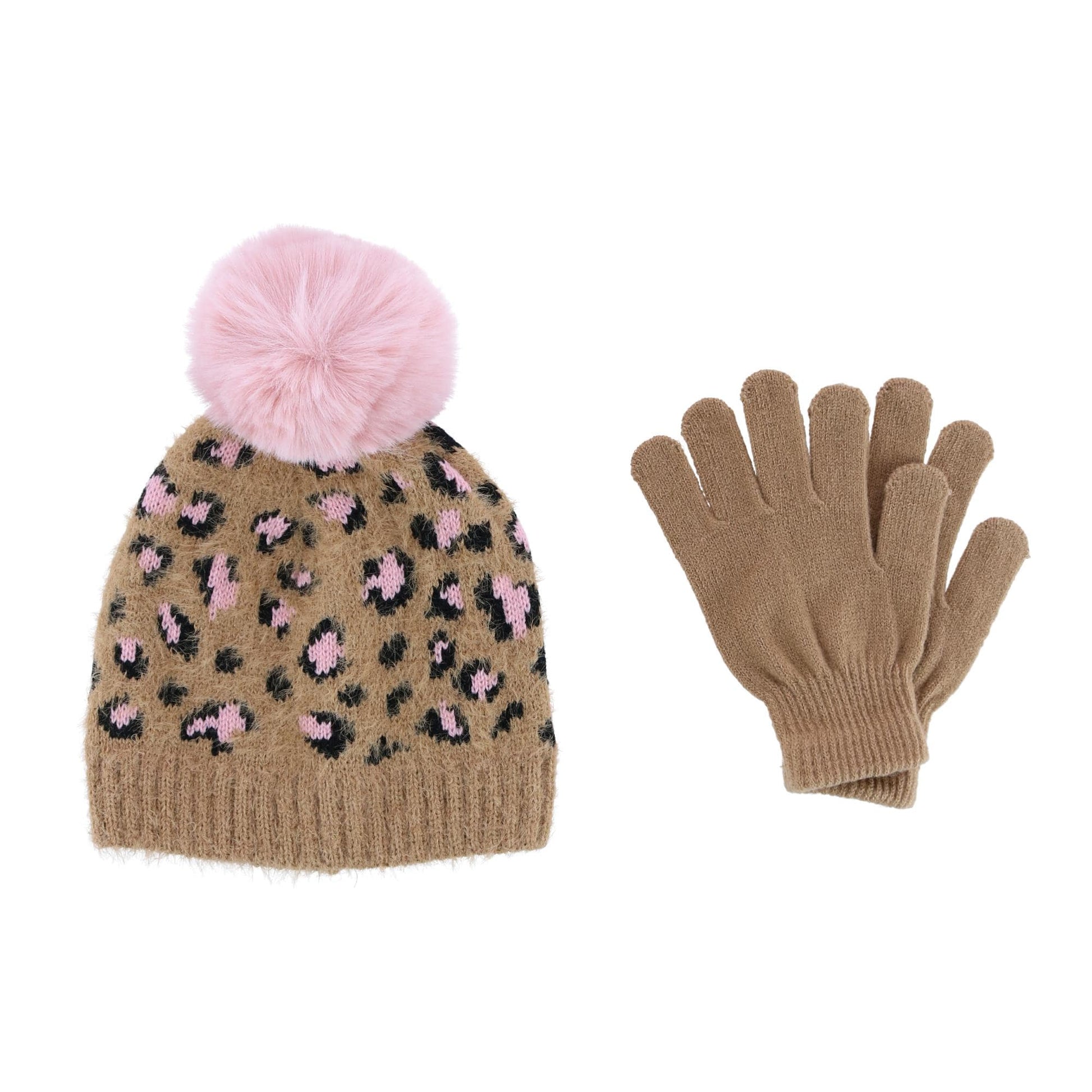 CTM® Girl's 7-14 Leopard Print Winter Pom Hat and Glove Set by Connex Gear