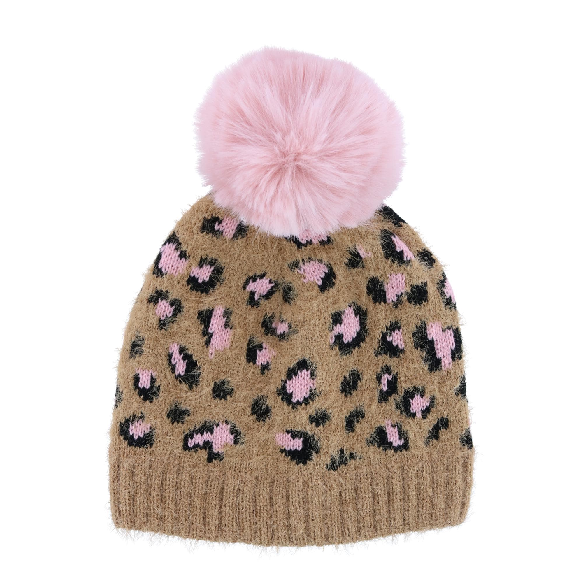 CTM® Girl's 7-14 Leopard Print Winter Pom Hat and Glove Set by Connex Gear - Beige