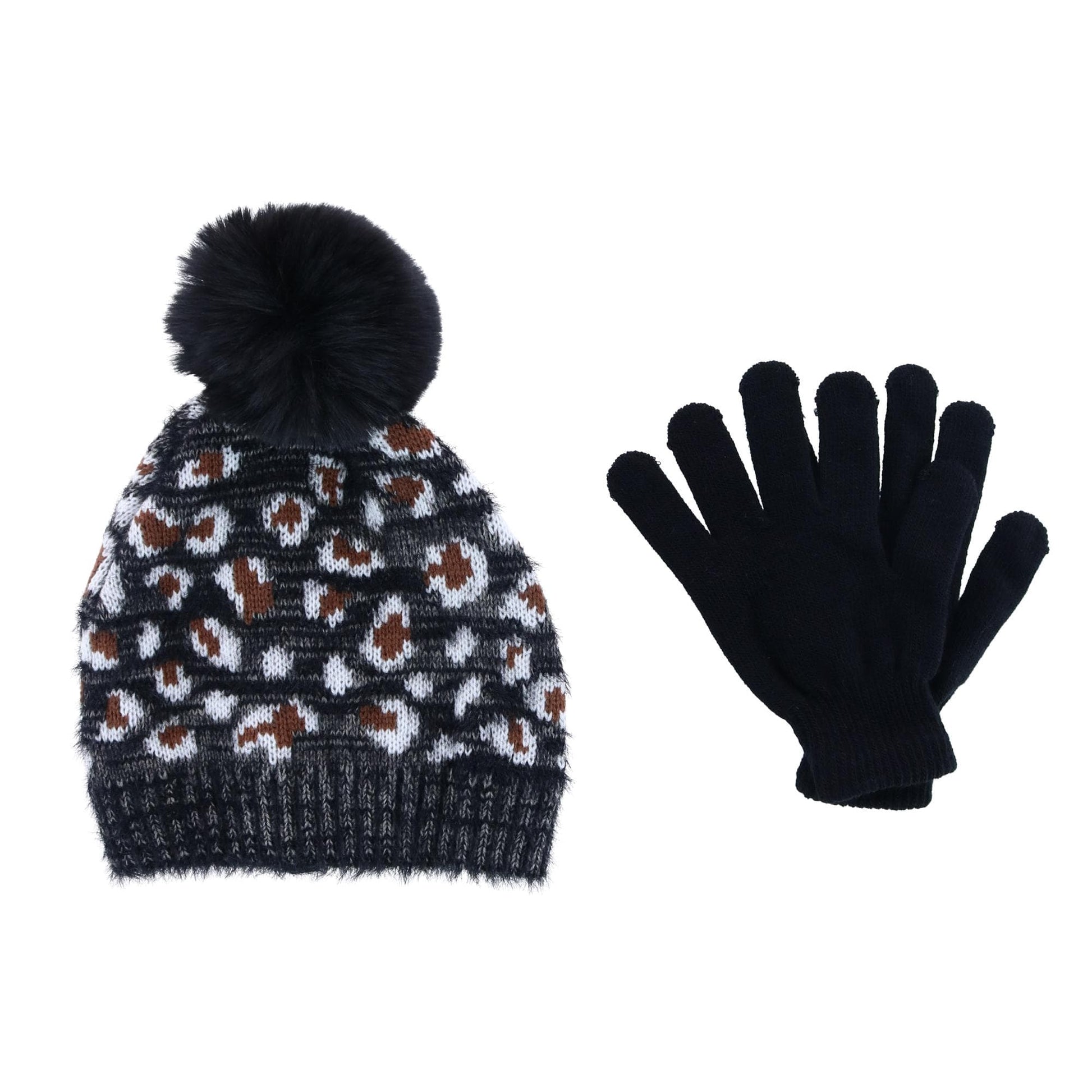 CTM® Girl's 7-14 Leopard Print Winter Pom Hat and Glove Set by Connex Gear - Black