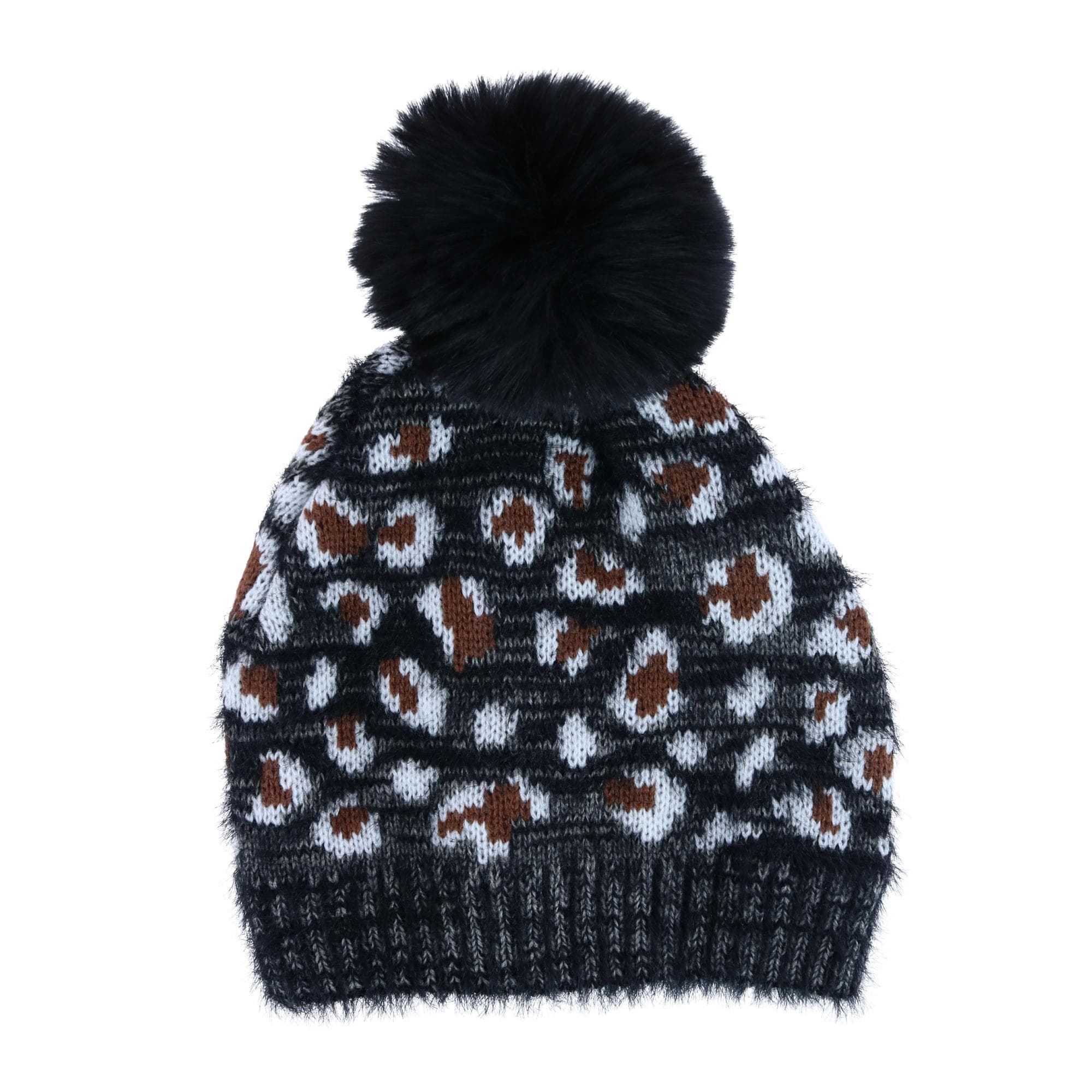 CTM® Girl's 7-14 Leopard Print Winter Pom Hat and Glove Set by Connex Gear - Black