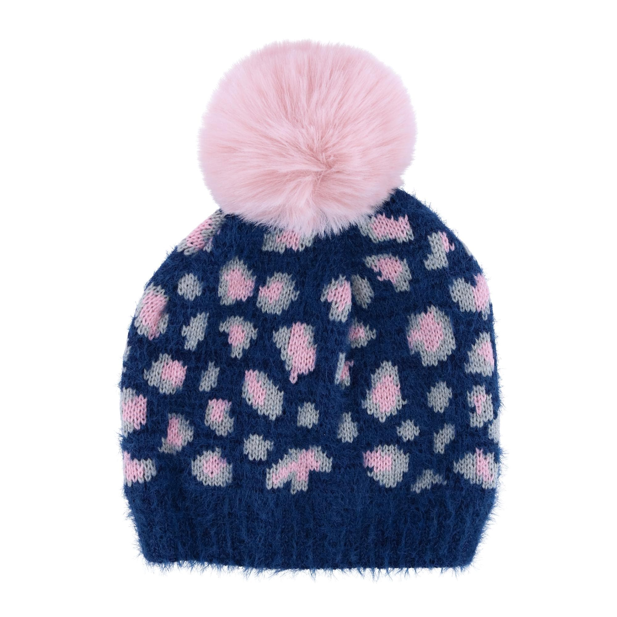 CTM® Girl's 7-14 Leopard Print Winter Pom Hat and Glove Set by Connex Gear - Blue
