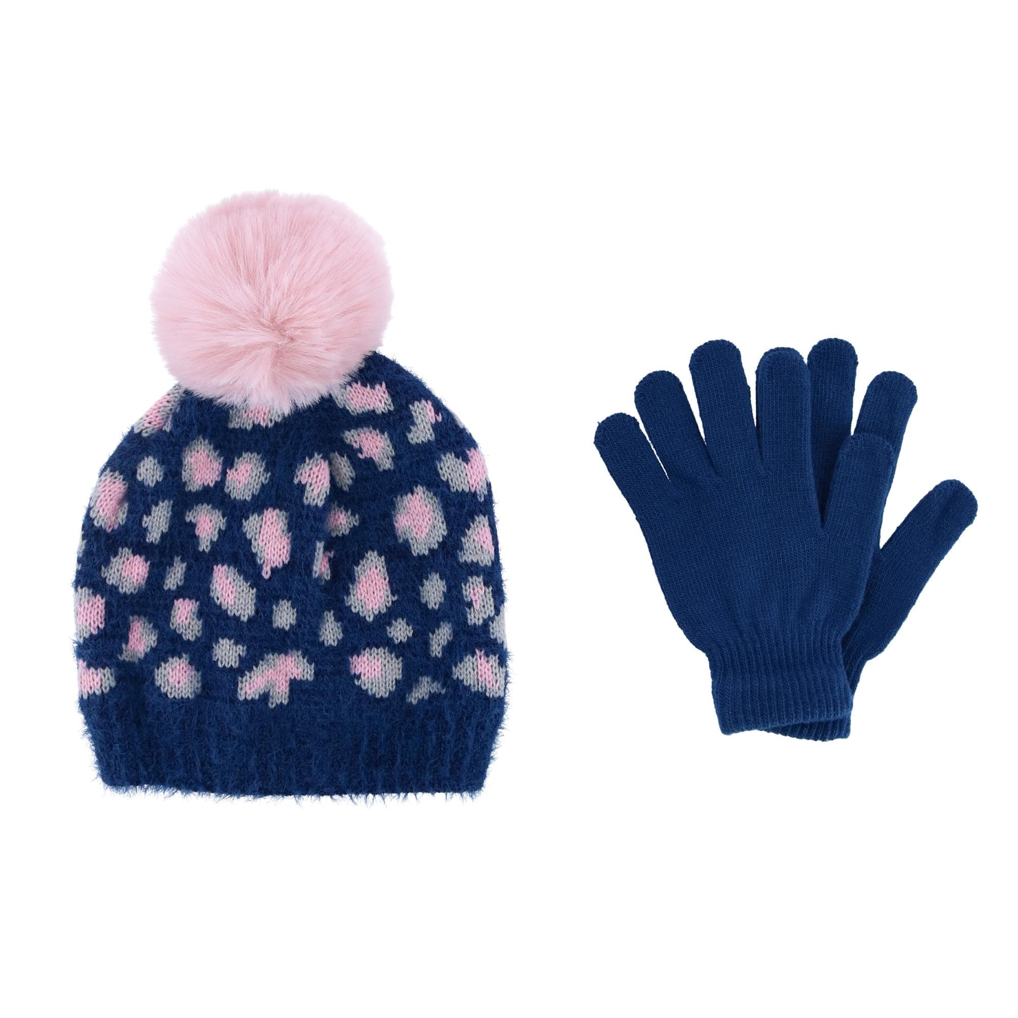 CTM® Girl's 7-14 Leopard Print Winter Pom Hat and Glove Set by Connex Gear - Girl's 7-14 Leopard Print Winter Pom Hat and Glove Set by Connex Gear