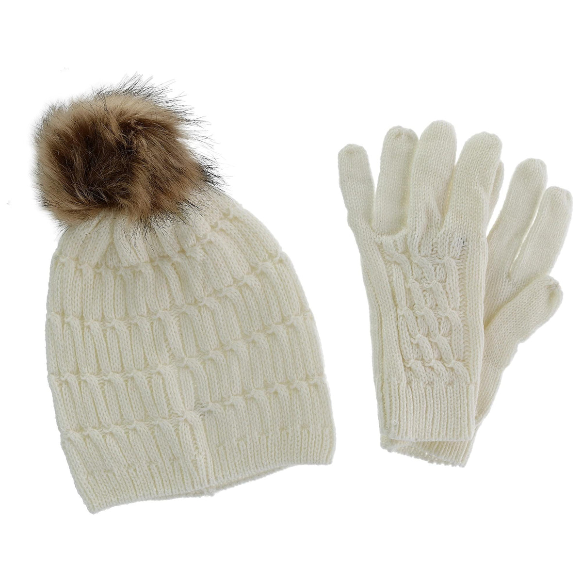 CTM® Women's Knit Beanie Hat with Pom and Matching Gloves Set