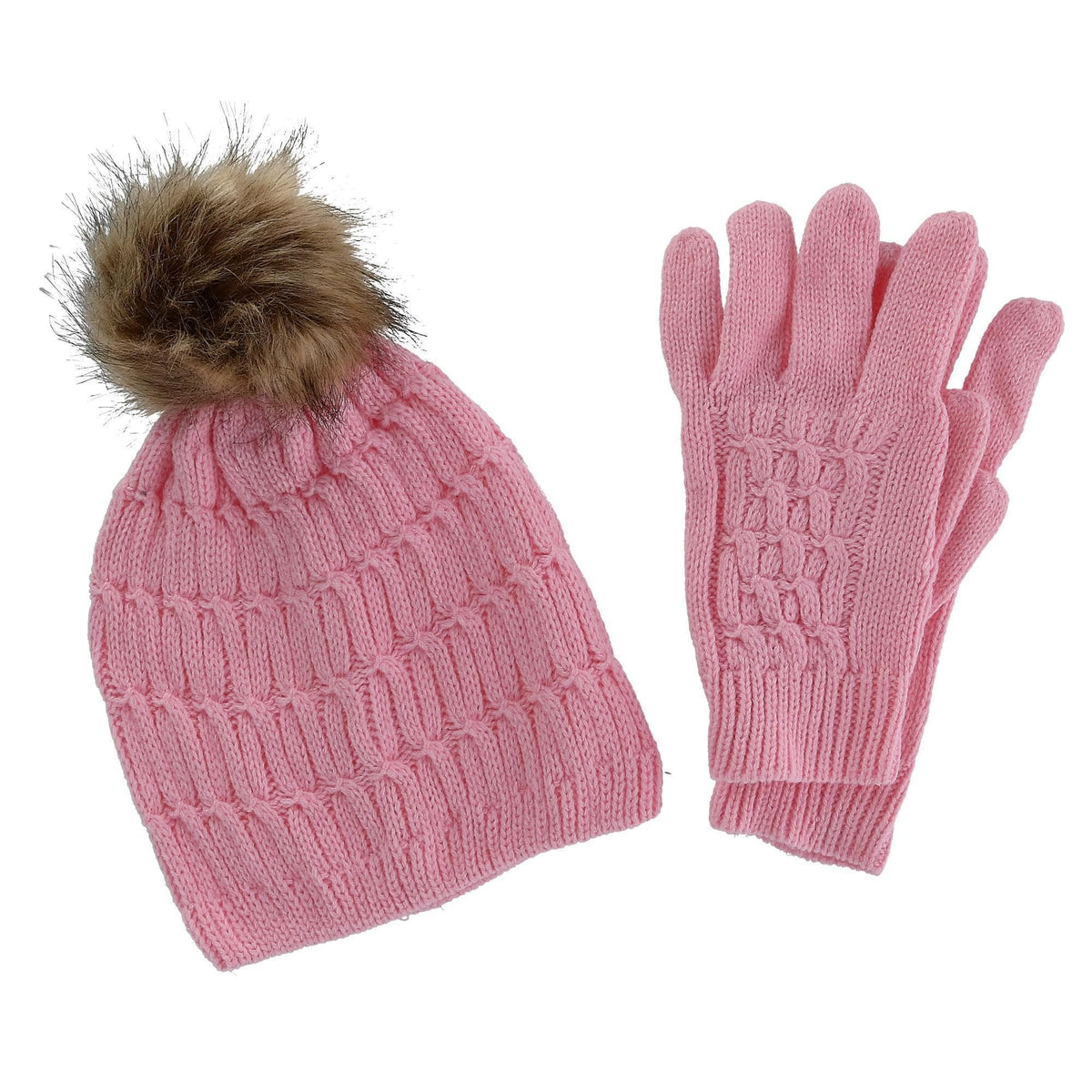 CTM® Women's Knit Beanie Hat with Pom and Matching Gloves Set - Pink