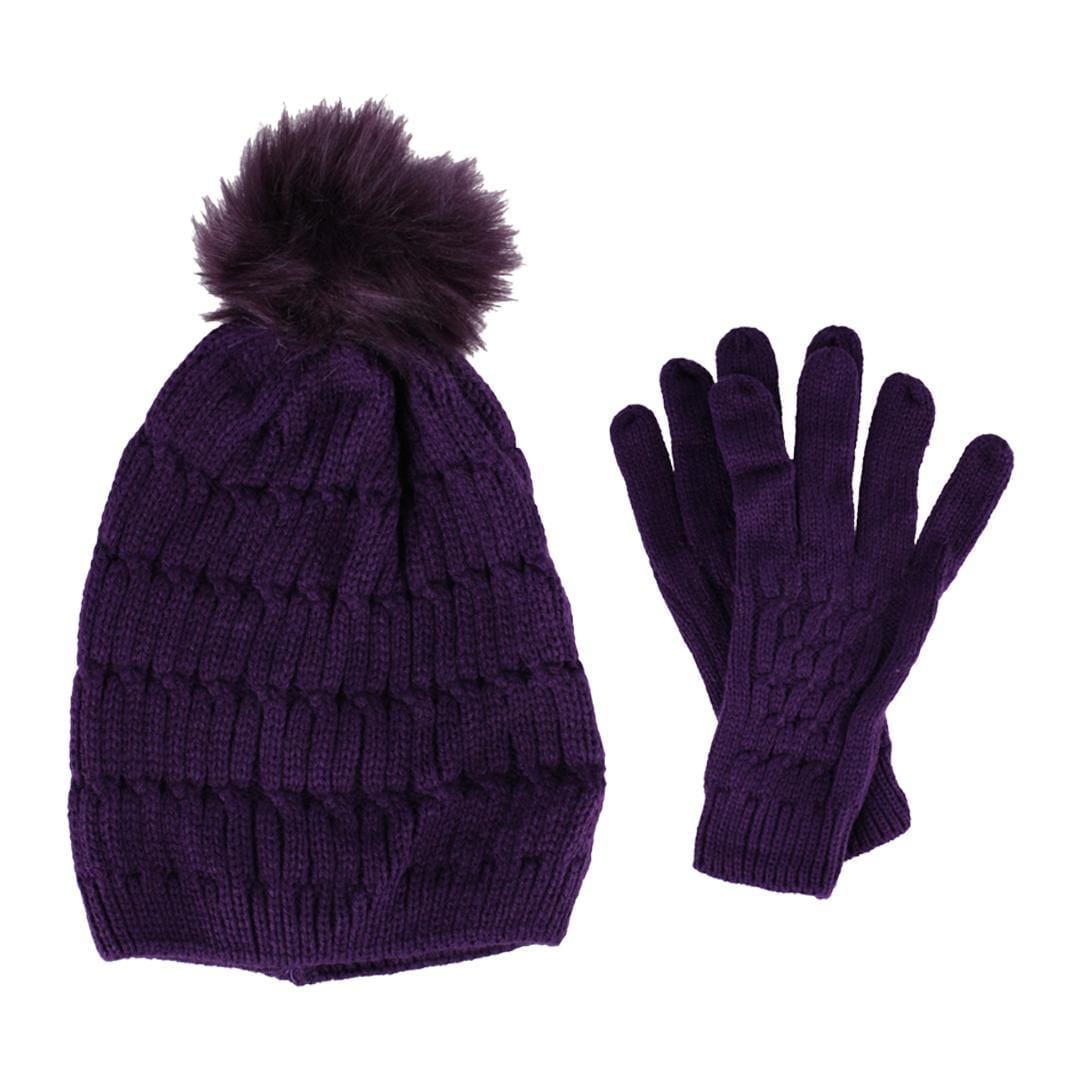CTM® Women's Knit Beanie Hat with Pom and Matching Gloves Set - Purple