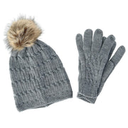 Women's Knit Beanie Hat with Pom and Matching Gloves Set