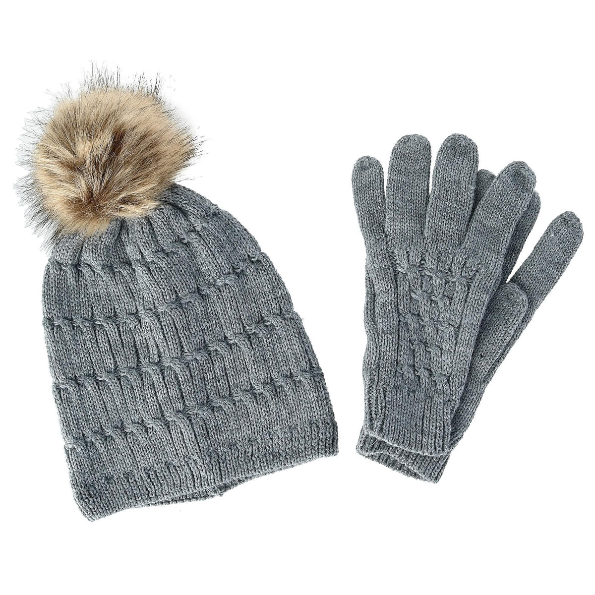 Women's Knit Beanie Hat with Pom and Matching Gloves Set