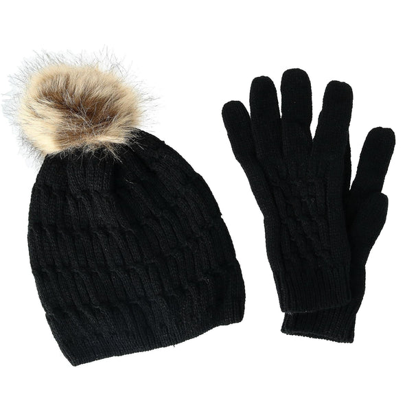 Women's Knit Beanie Hat with Pom and Matching Gloves Set