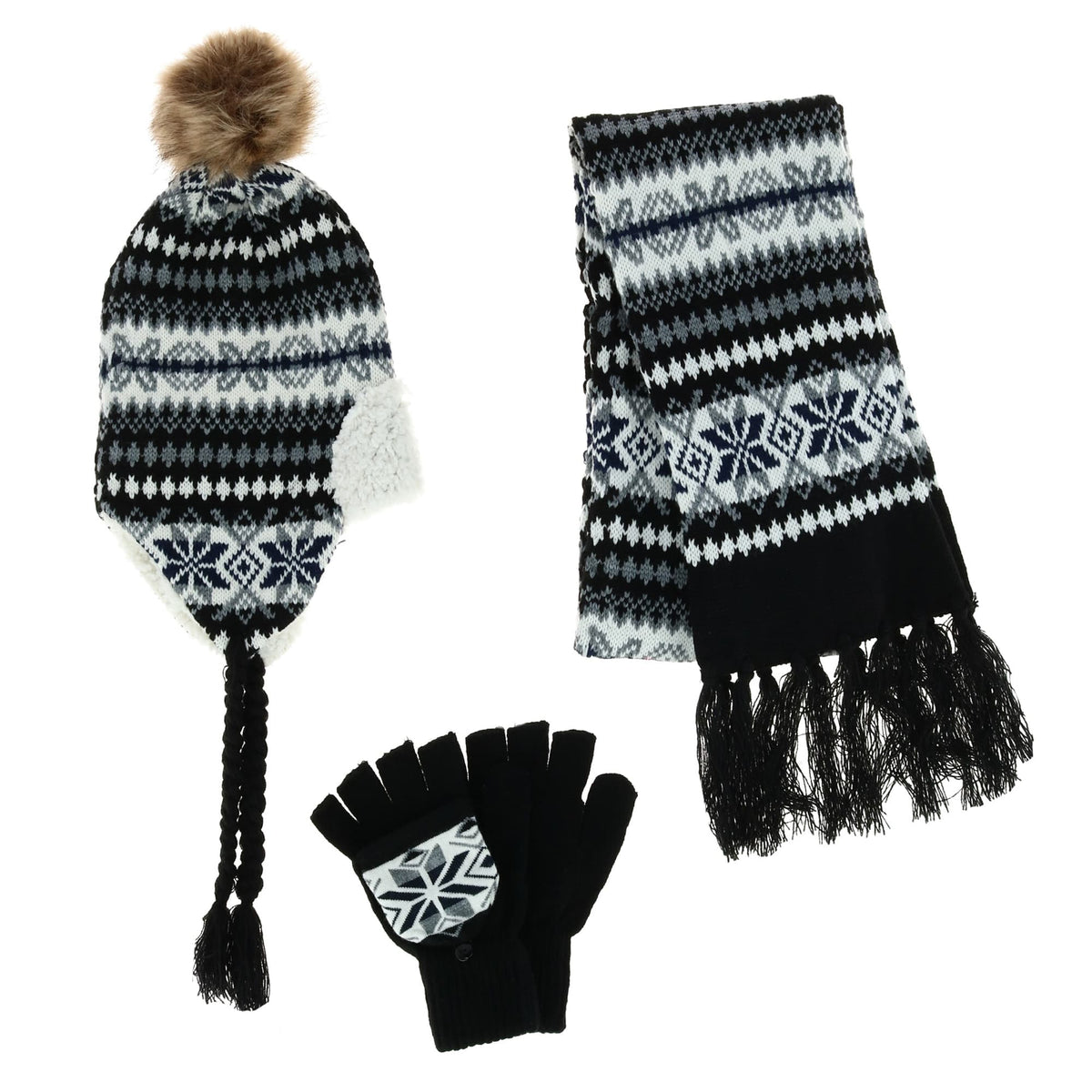 Connex Gear Women's Snowflake Print Hat Scarf & Glommit 3-Piece Winter Set - Black