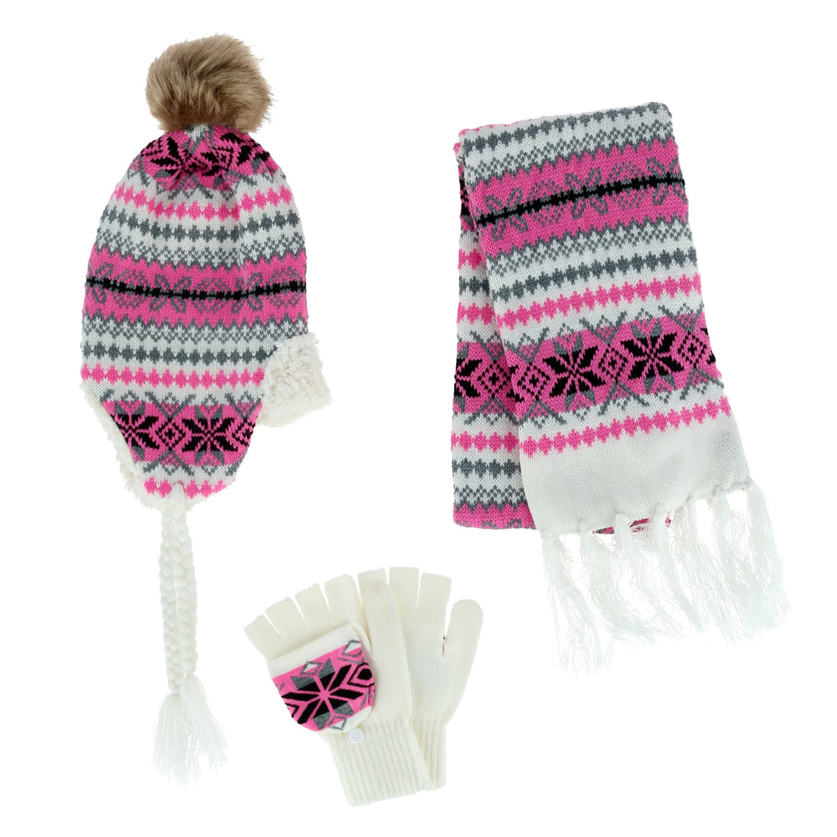 Connex Gear Women's Snowflake Print Hat Scarf & Glommit 3-Piece Winter Set - White