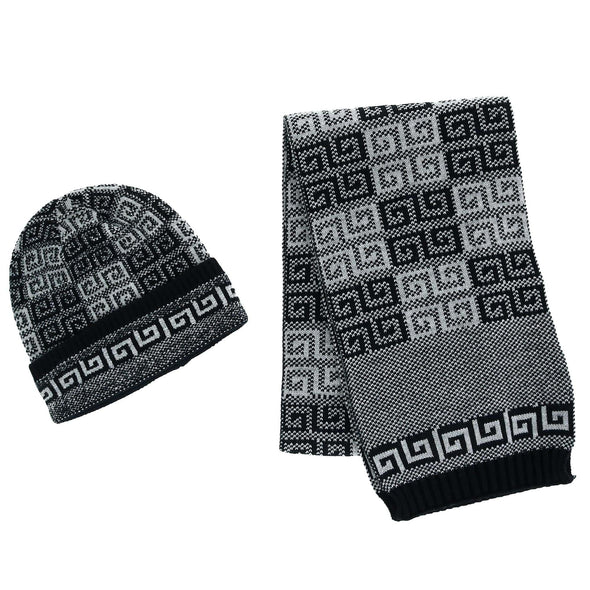 Men's Ribbed Knit Cuff Cap with Sherpa Lining and Matching Scarf Set