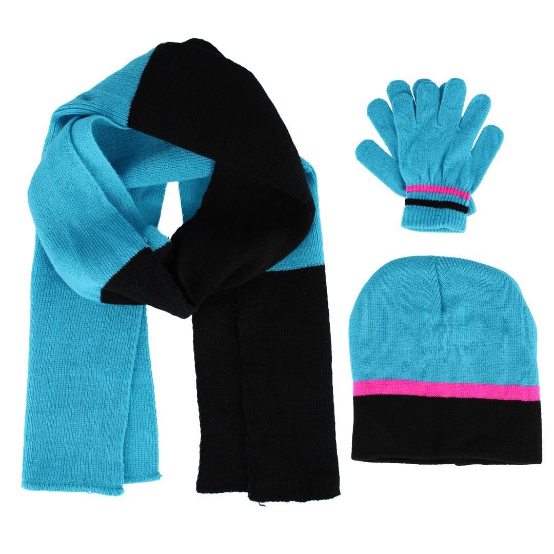 Connex Gear Girl's 8 - 16 Stripe Hat Scarf and Gloves 3 Piece Winter Set - Blue