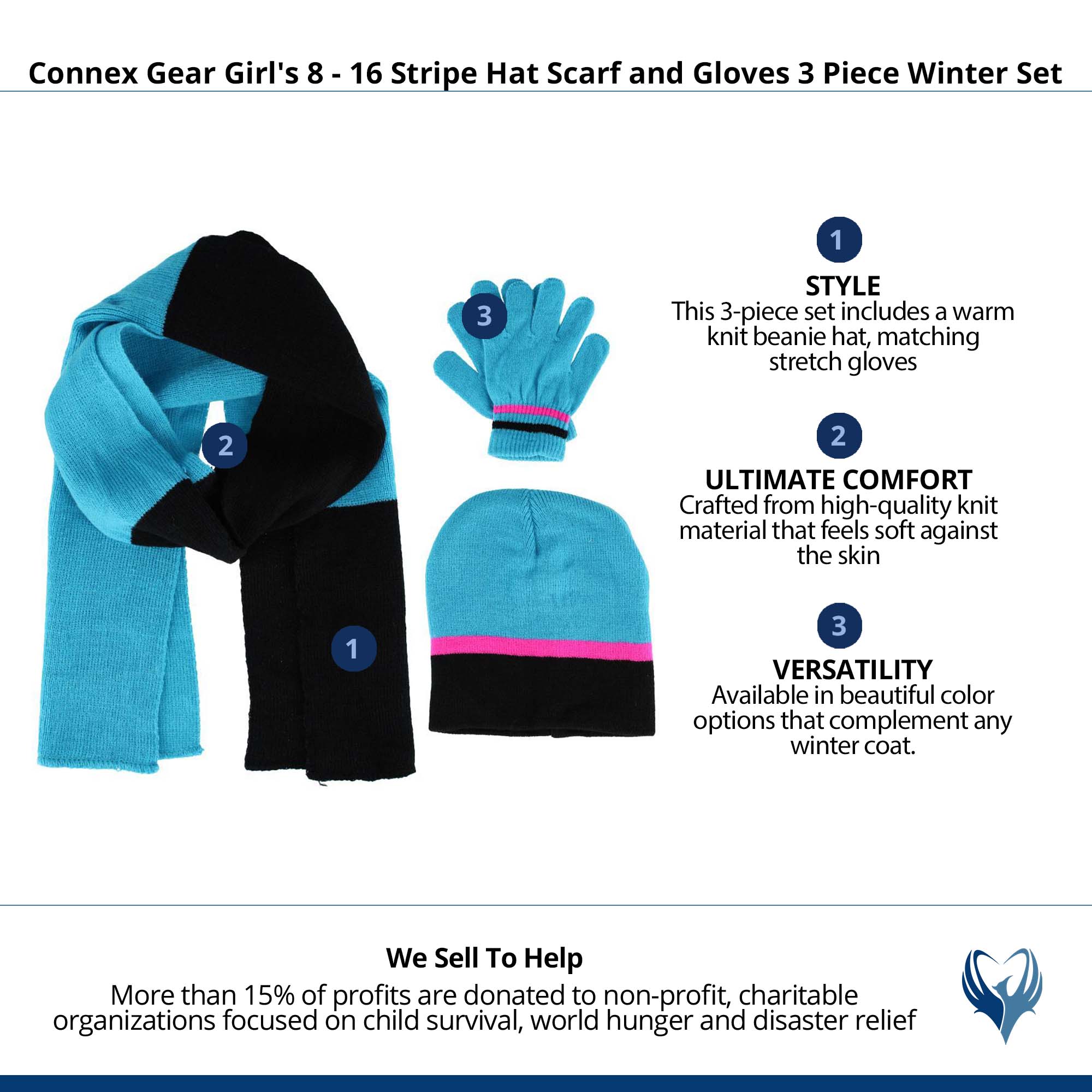Connex Gear Girl's 8 - 16 Stripe Hat Scarf and Gloves 3 Piece Winter Set - Blue