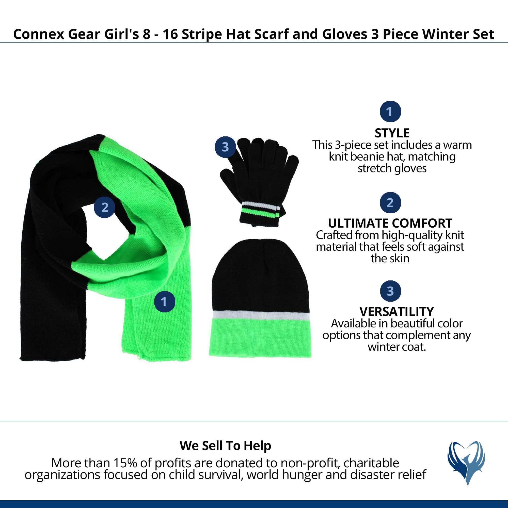 Connex Gear Girl's 8 - 16 Stripe Hat Scarf and Gloves 3 Piece Winter Set - Green