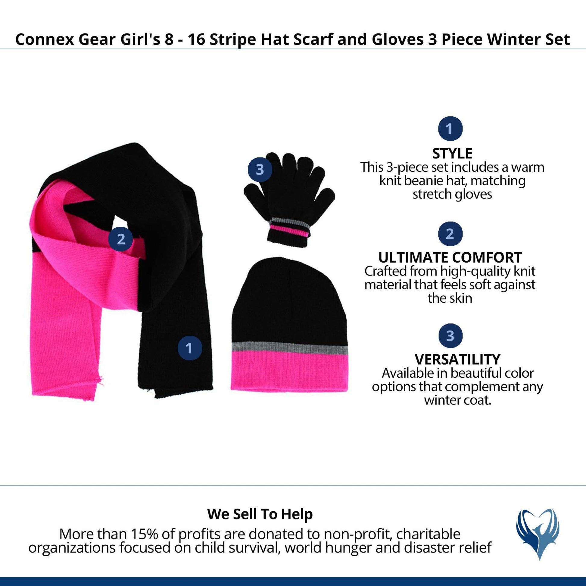 Connex Gear Girl's 8 - 16 Stripe Hat Scarf and Gloves 3 Piece Winter Set - Pink