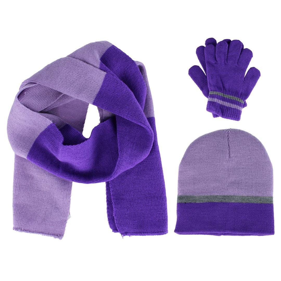 Connex Gear Girl's 8 - 16 Stripe Hat Scarf and Gloves 3 Piece Winter Set - Purple