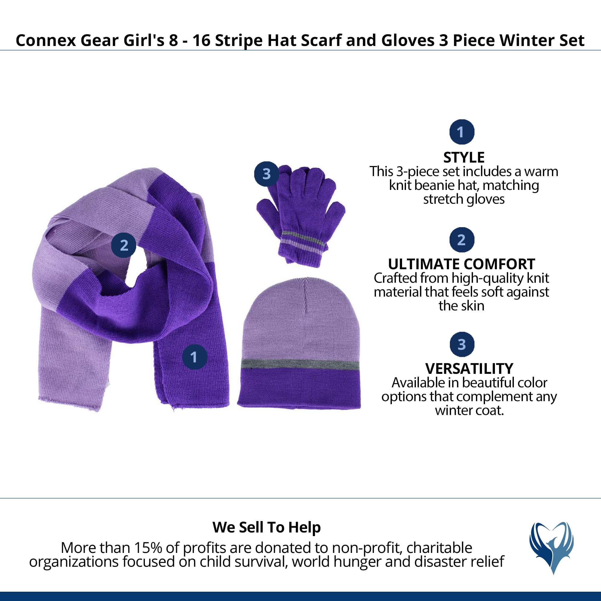 Connex Gear Girl's 8 - 16 Stripe Hat Scarf and Gloves 3 Piece Winter Set - Purple