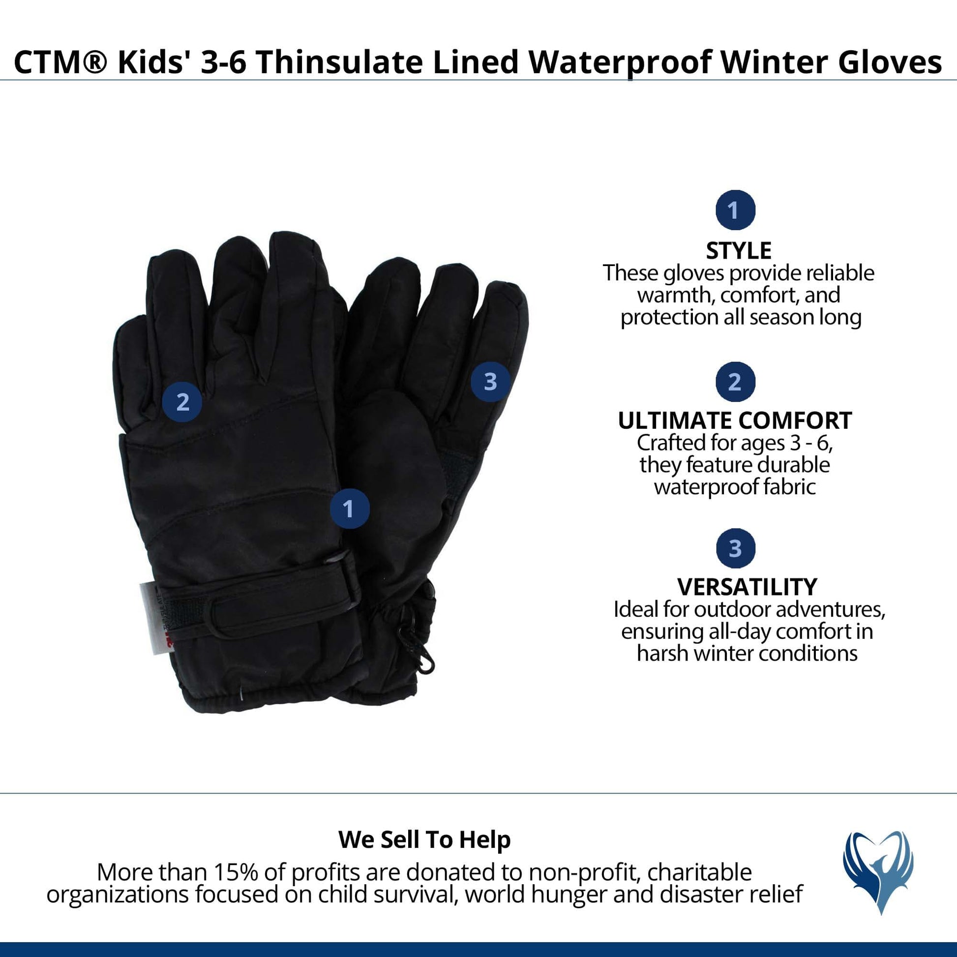 CTM® Kids' 3-6 Thinsulate Lined Waterproof Winter Gloves - Black