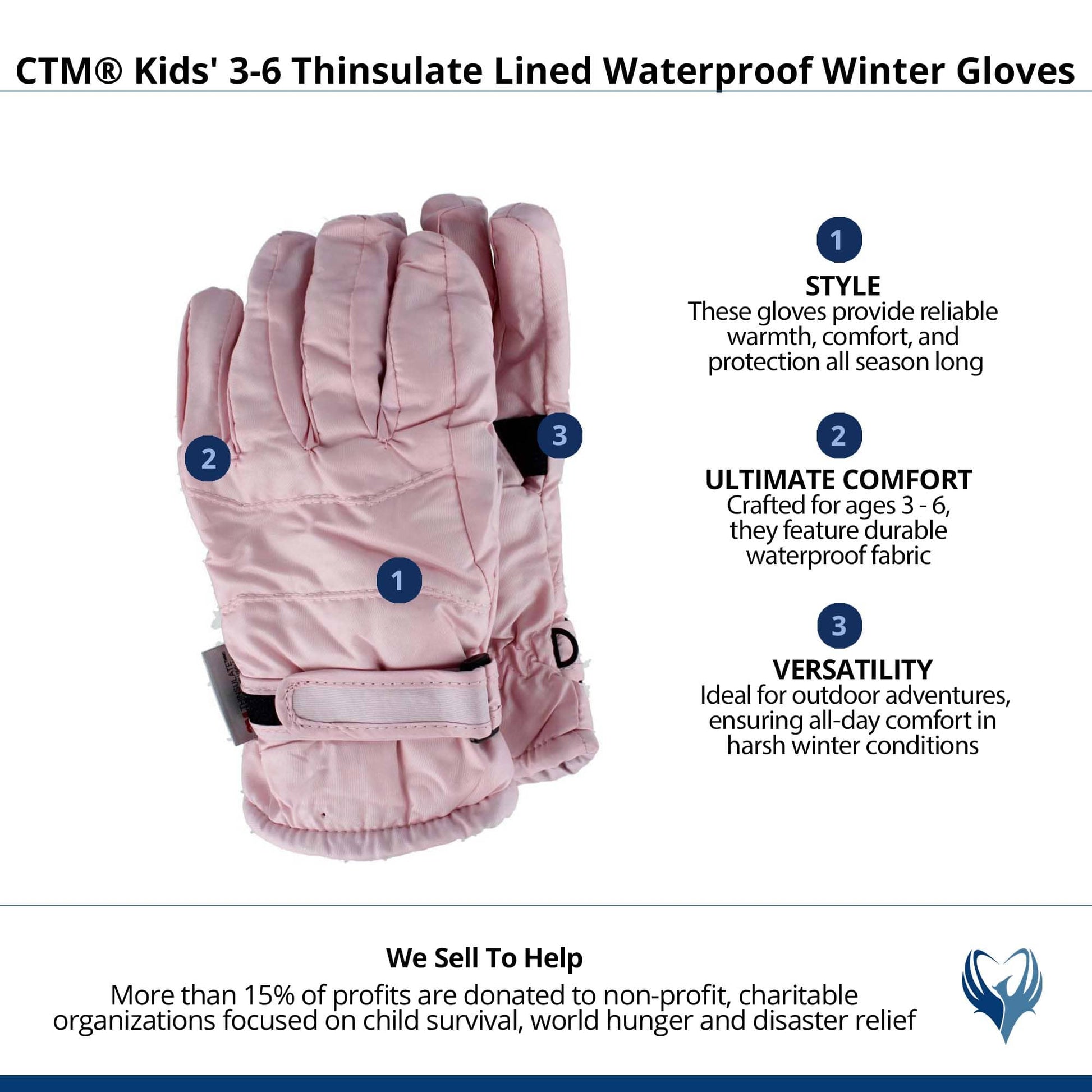 CTM® Kids' 3-6 Thinsulate Lined Waterproof Winter Gloves - Pink