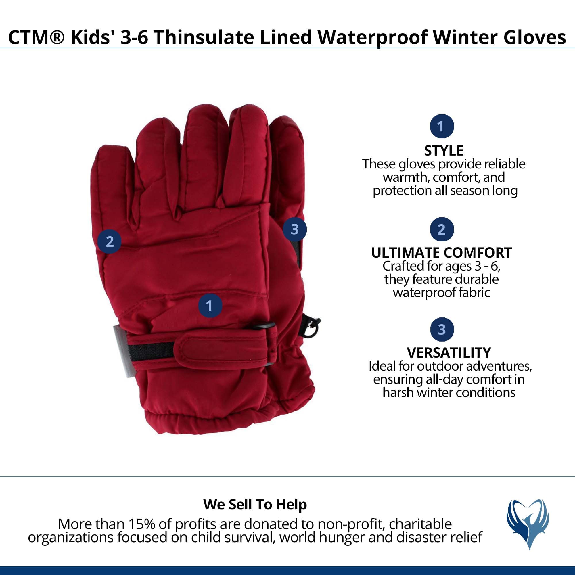 CTM® Kids' 3-6 Thinsulate Lined Waterproof Winter Gloves - Red