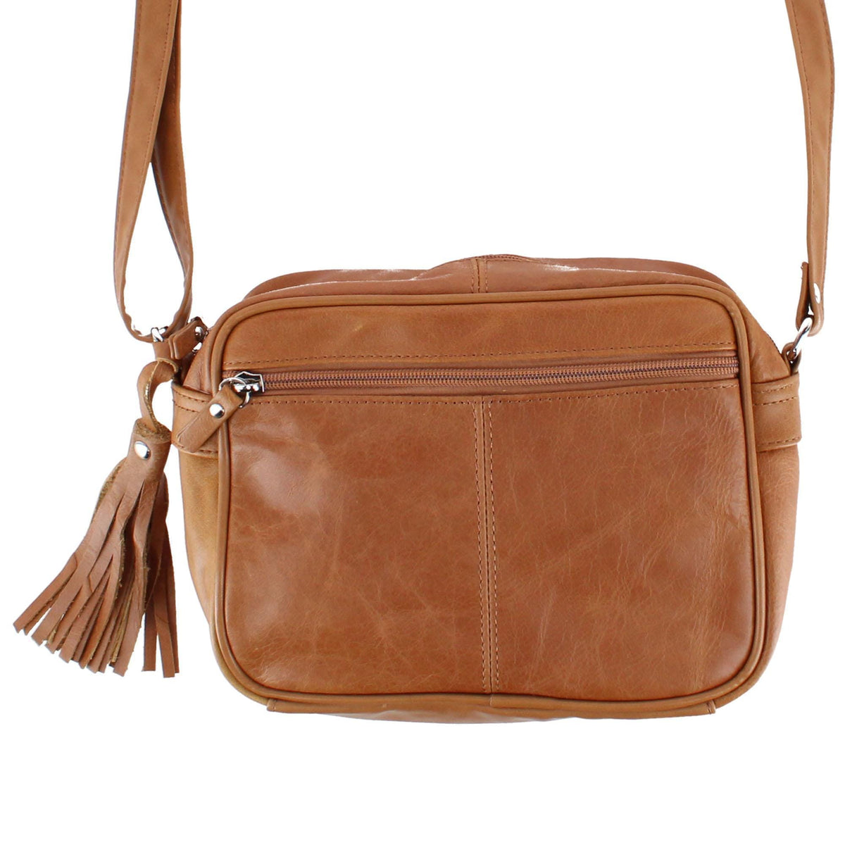 Cal-Wyn Women's Large Leather Crossbody with Zipper and Fringe Detail - Brown