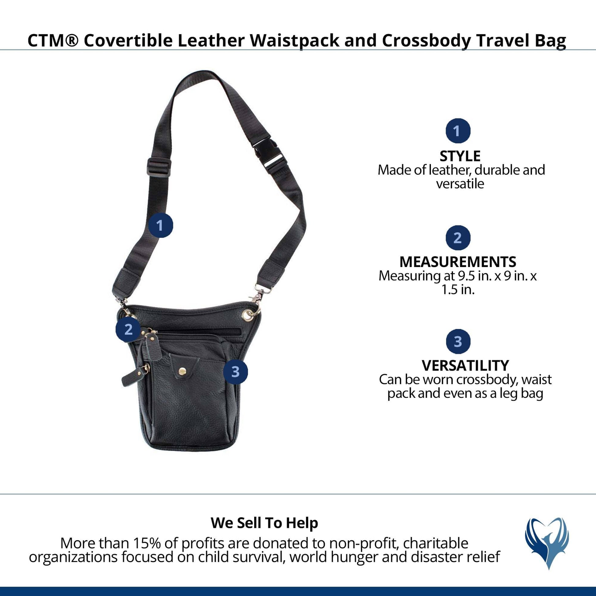 CTM® Covertible Leather Waistpack and Crossbody Travel Bag - Black