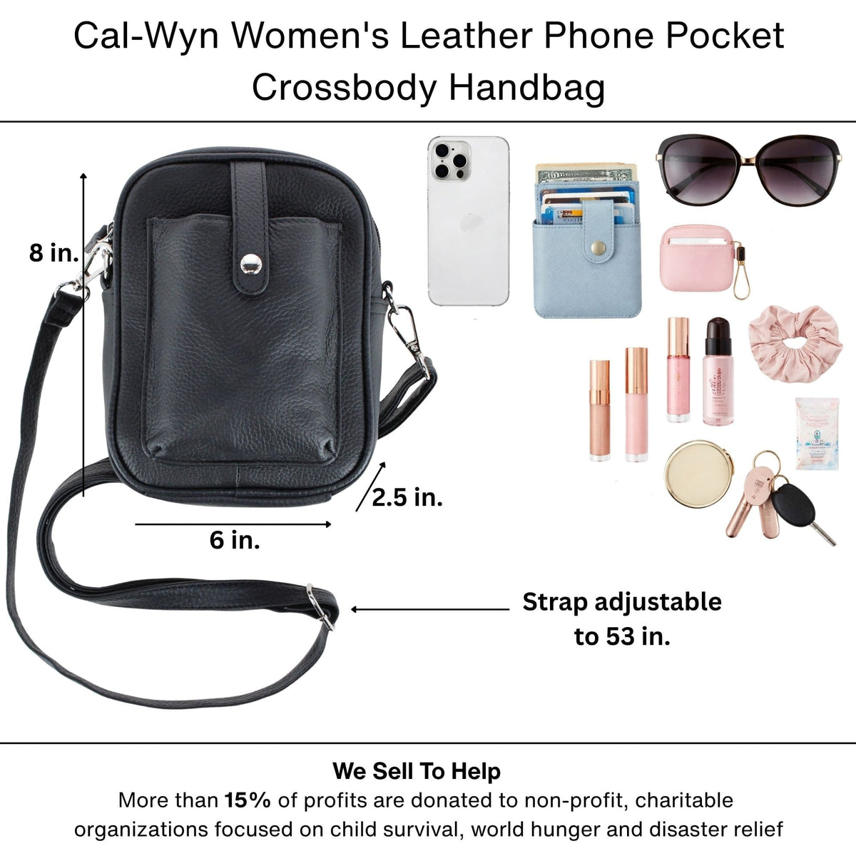 Cal-Wyn Women's Leather Phone Pocket Crossbody Handbag - Black