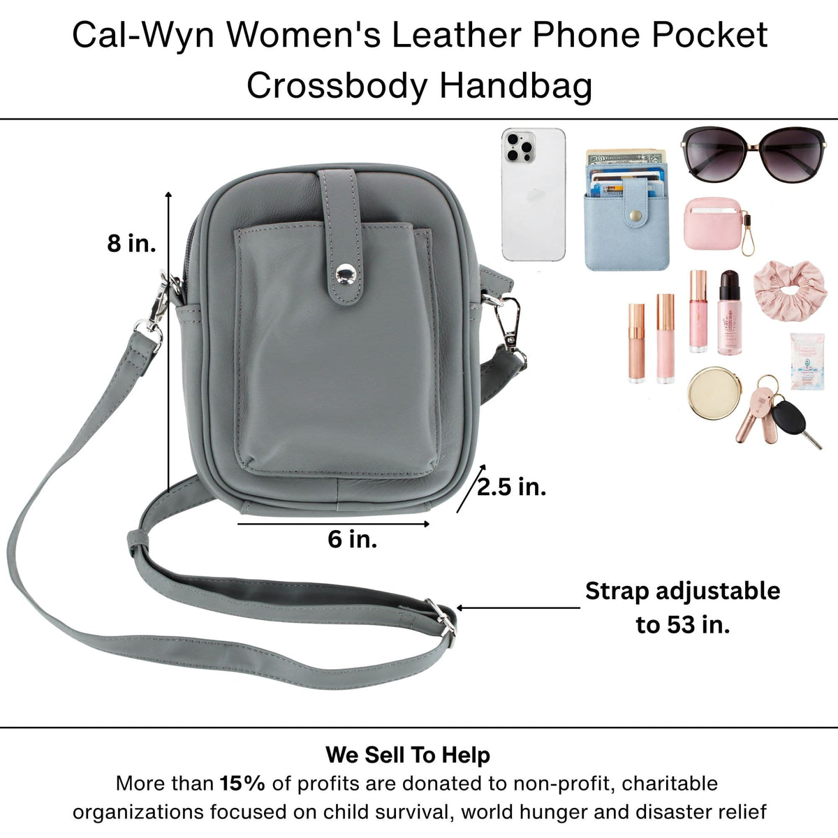 Cal-Wyn Women's Leather Phone Pocket Crossbody Handbag - Gray