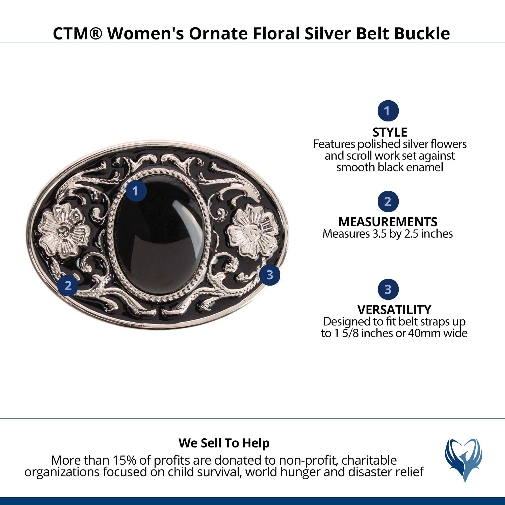 CTM® Women's Ornate Floral Silver Belt Buckle - Black