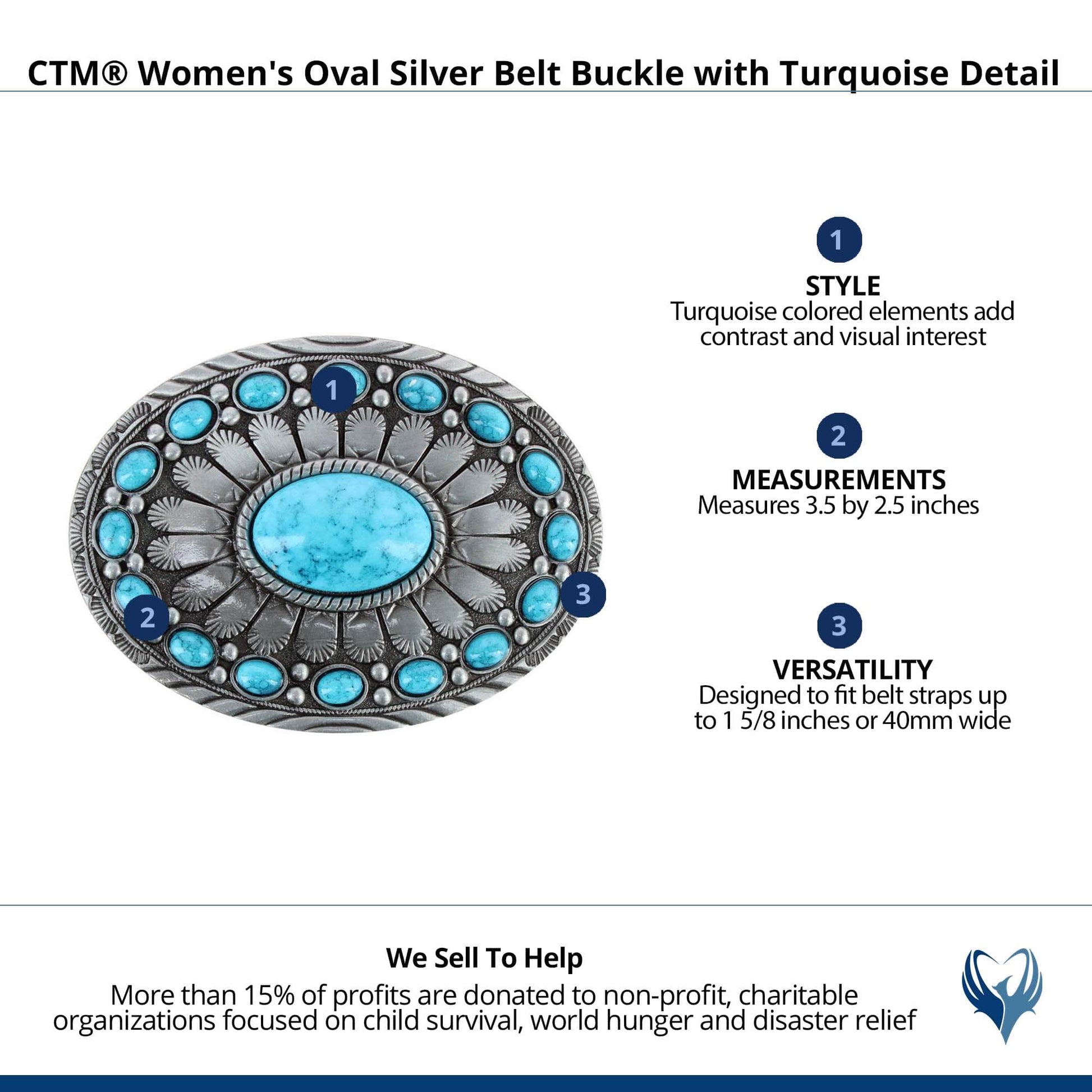 CTM® Women's Oval Silver Belt Buckle with Turquoise Detail - Turquoise