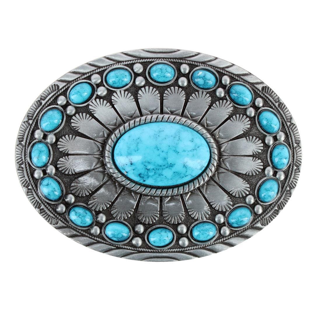 CTM® Women's Oval Silver Belt Buckle with Turquoise Detail - Women's Oval Silver Belt Buckle with Turquoise Detail
