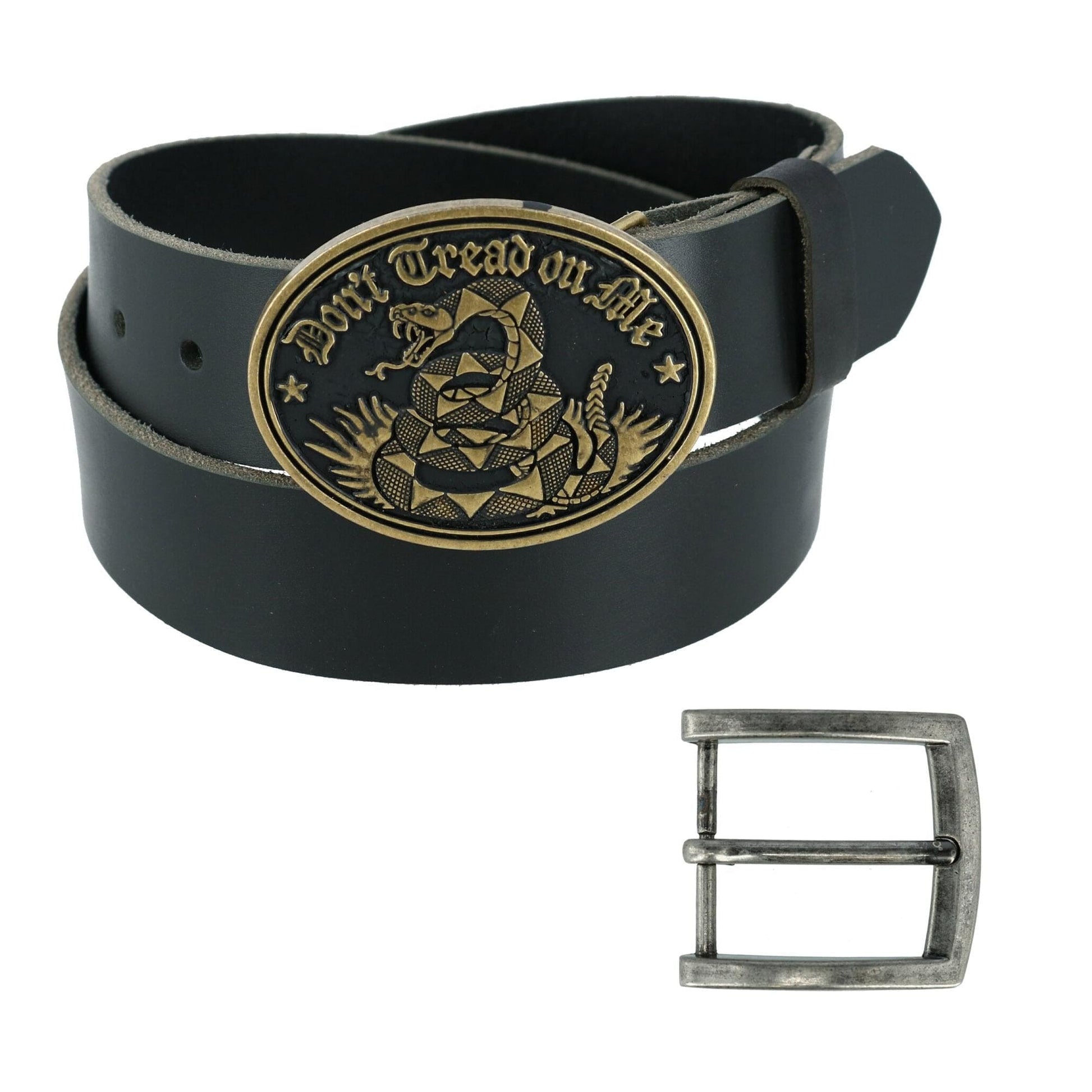 CTM® Men's Bridle Belt with Don't Tread on Me Buckle (2 Buckle Set) - Black with Bronze Buckle