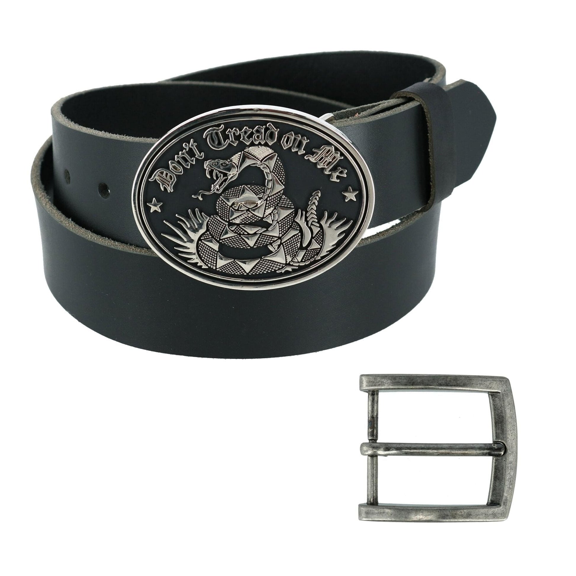 CTM® Men's Bridle Belt with Don't Tread on Me Buckle (2 Buckle Set) - Black with Silver Buckle