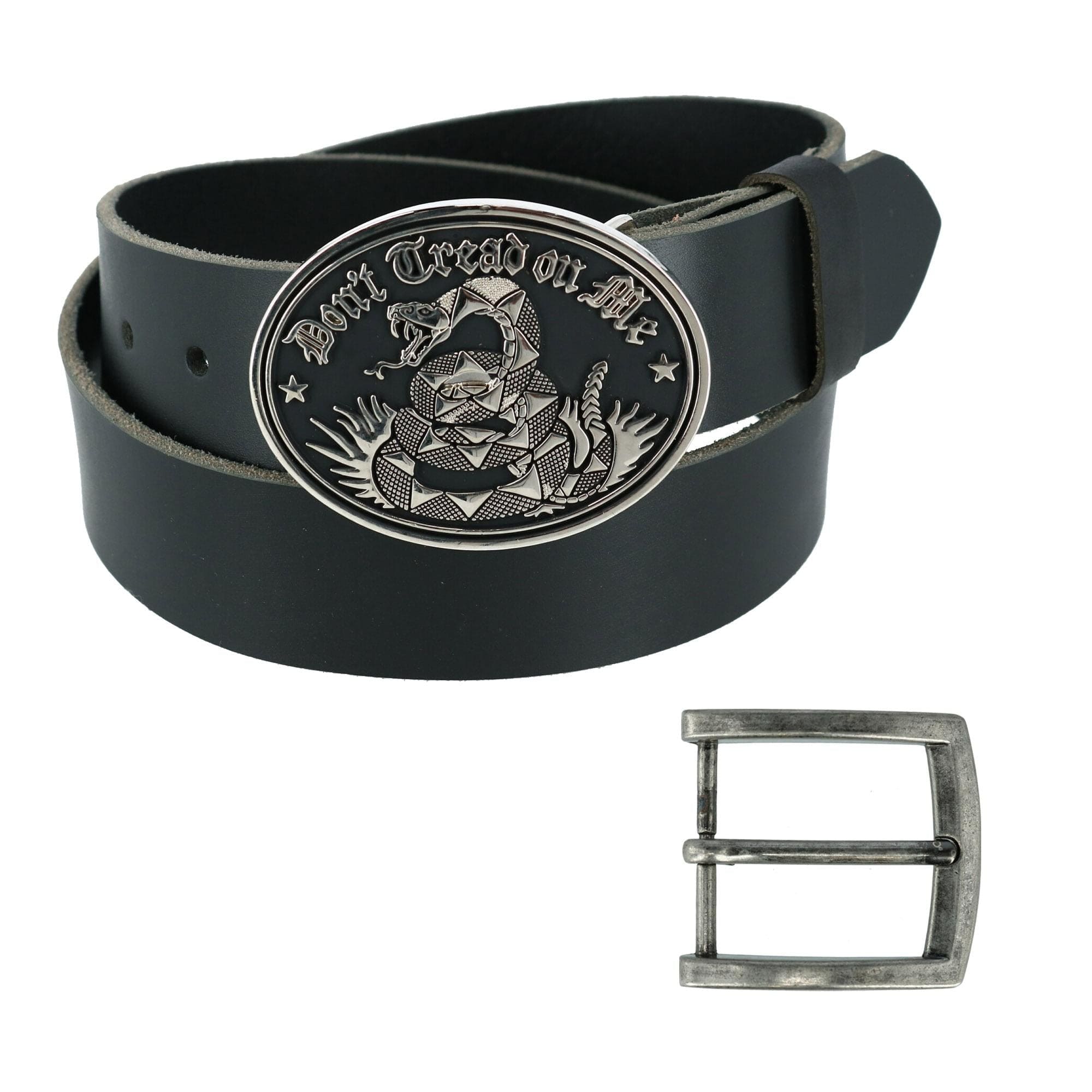 CTM® Men's Bridle Belt with Don't Tread on Me Buckle (2 Buckle Set) - Black with Silver Buckle