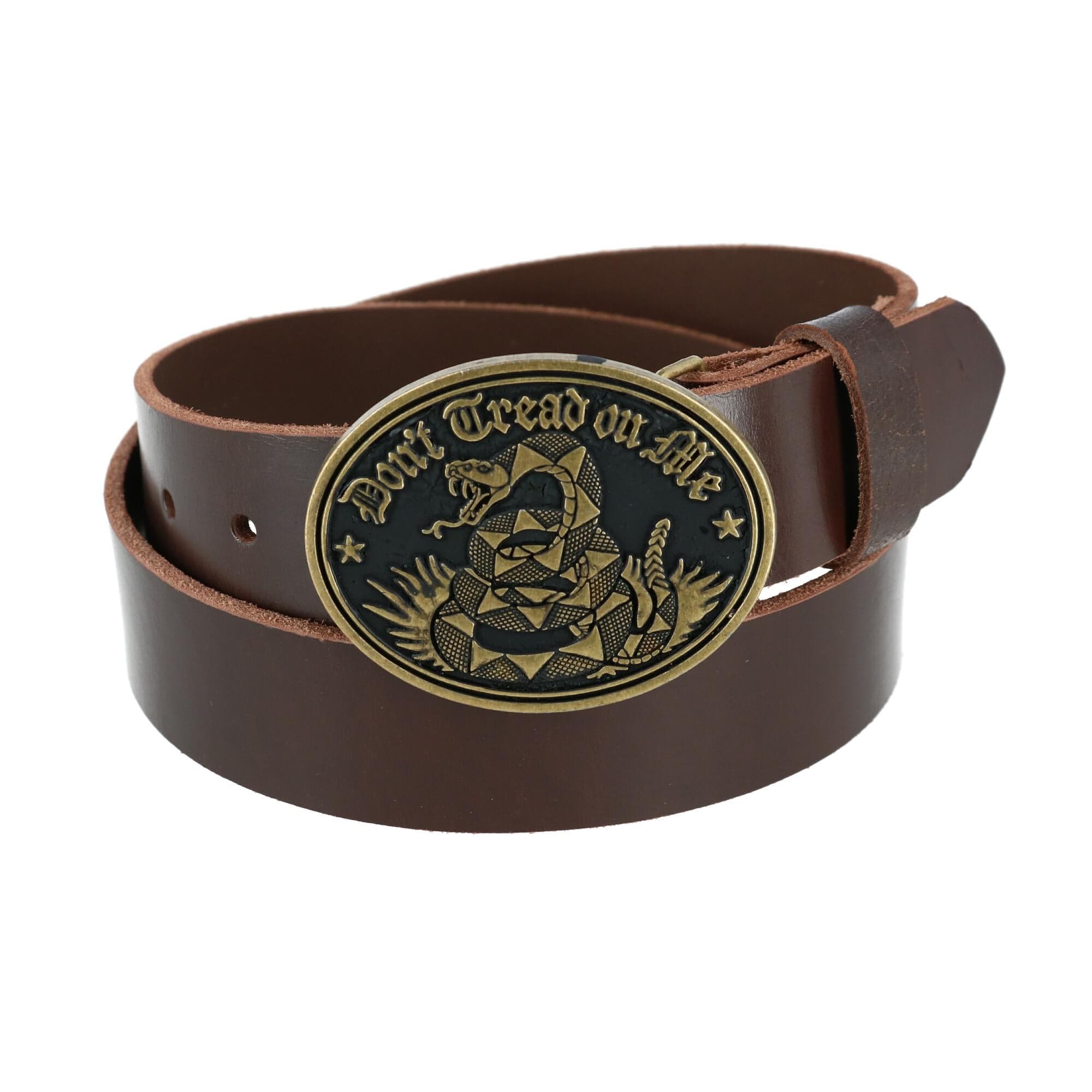 CTM® Men's Bridle Belt with Don't Tread on Me Buckle (2 Buckle Set) - Brown with Bronze Buckle
