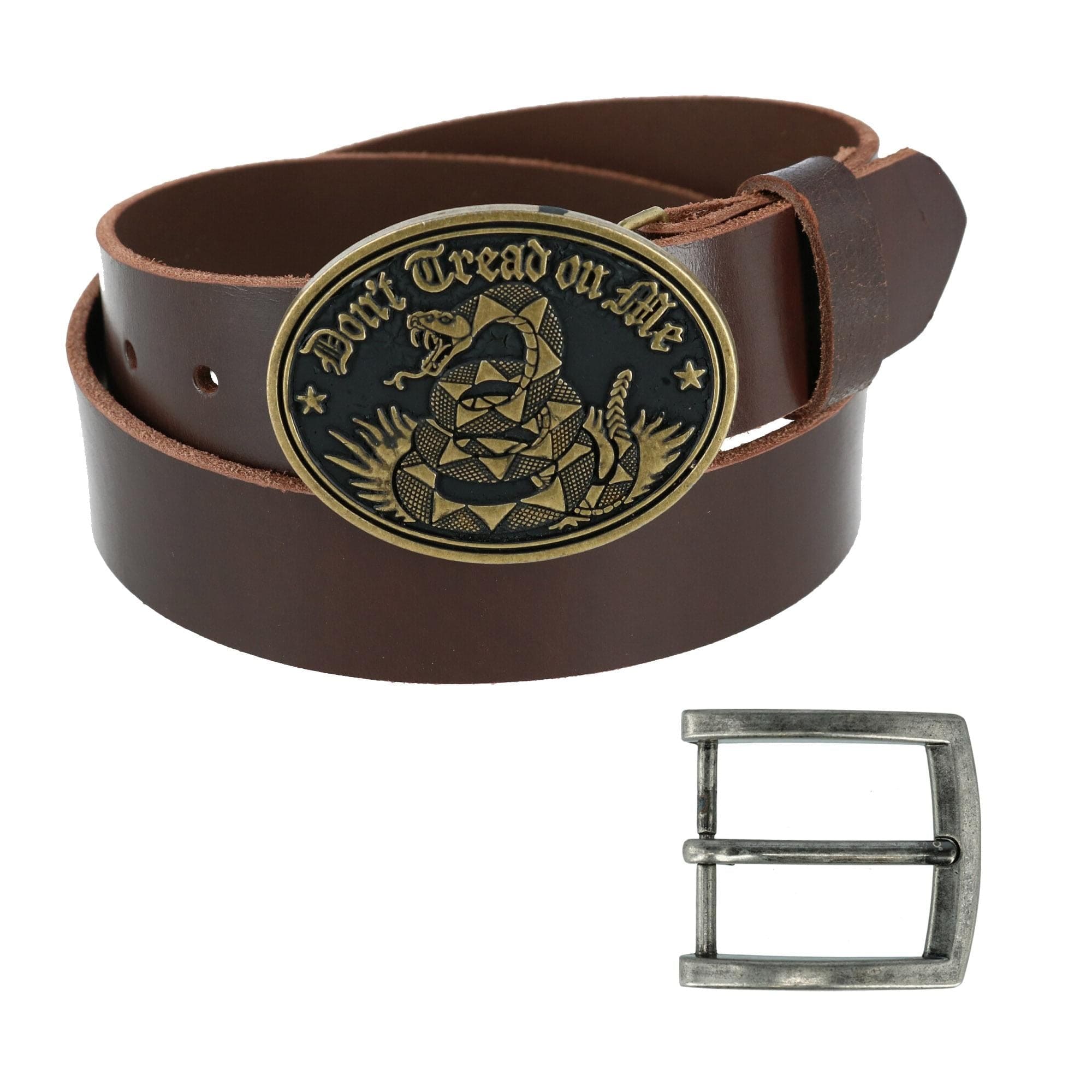 CTM® Men's Bridle Belt with Don't Tread on Me Buckle (2 Buckle Set) - Brown with Bronze Buckle