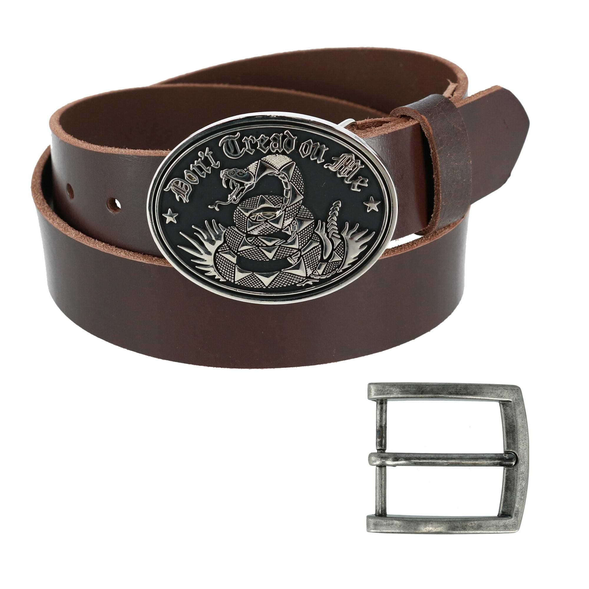 CTM® Men's Bridle Belt with Don't Tread on Me Buckle (2 Buckle Set) - Brown with Silver Buckle