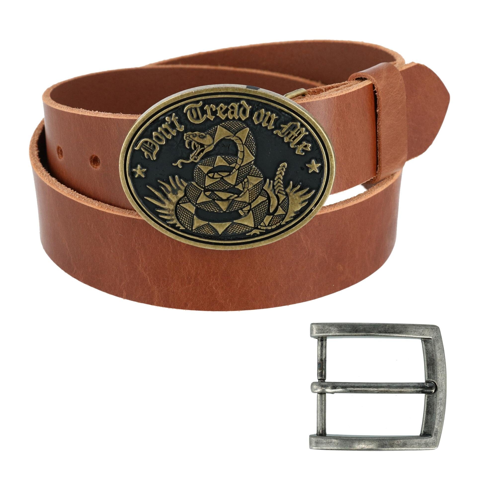 CTM® Men's Bridle Belt with Don't Tread on Me Buckle (2 Buckle Set) - Tan with Bronze Buckle