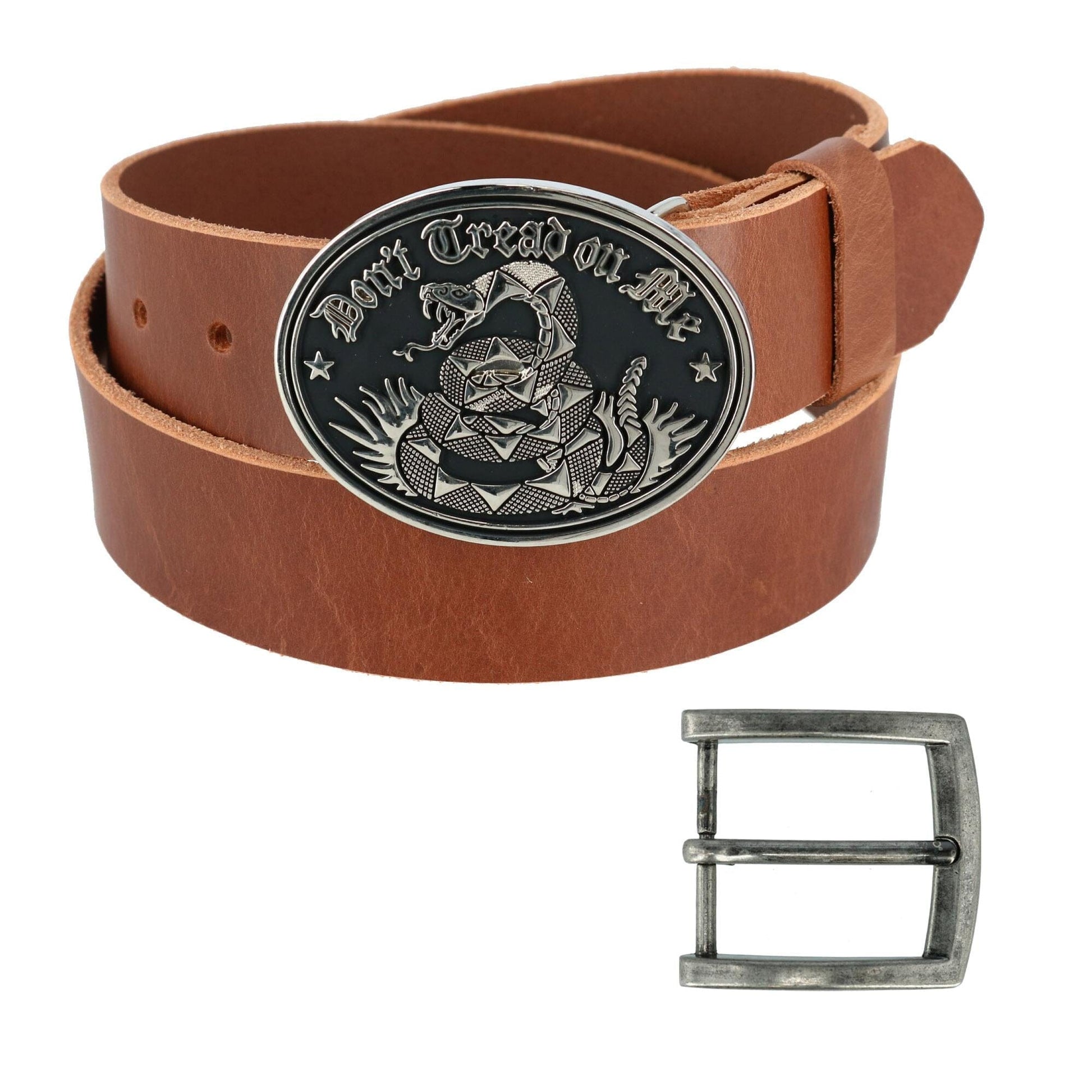 CTM® Men's Bridle Belt with Don't Tread on Me Buckle (2 Buckle Set) - Tan with Silver Buckle