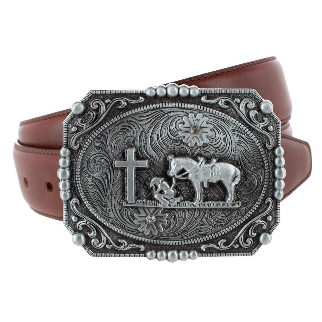 CTM® Men's Praying Cowboy and Cross Belt Buckle - Antique Silver