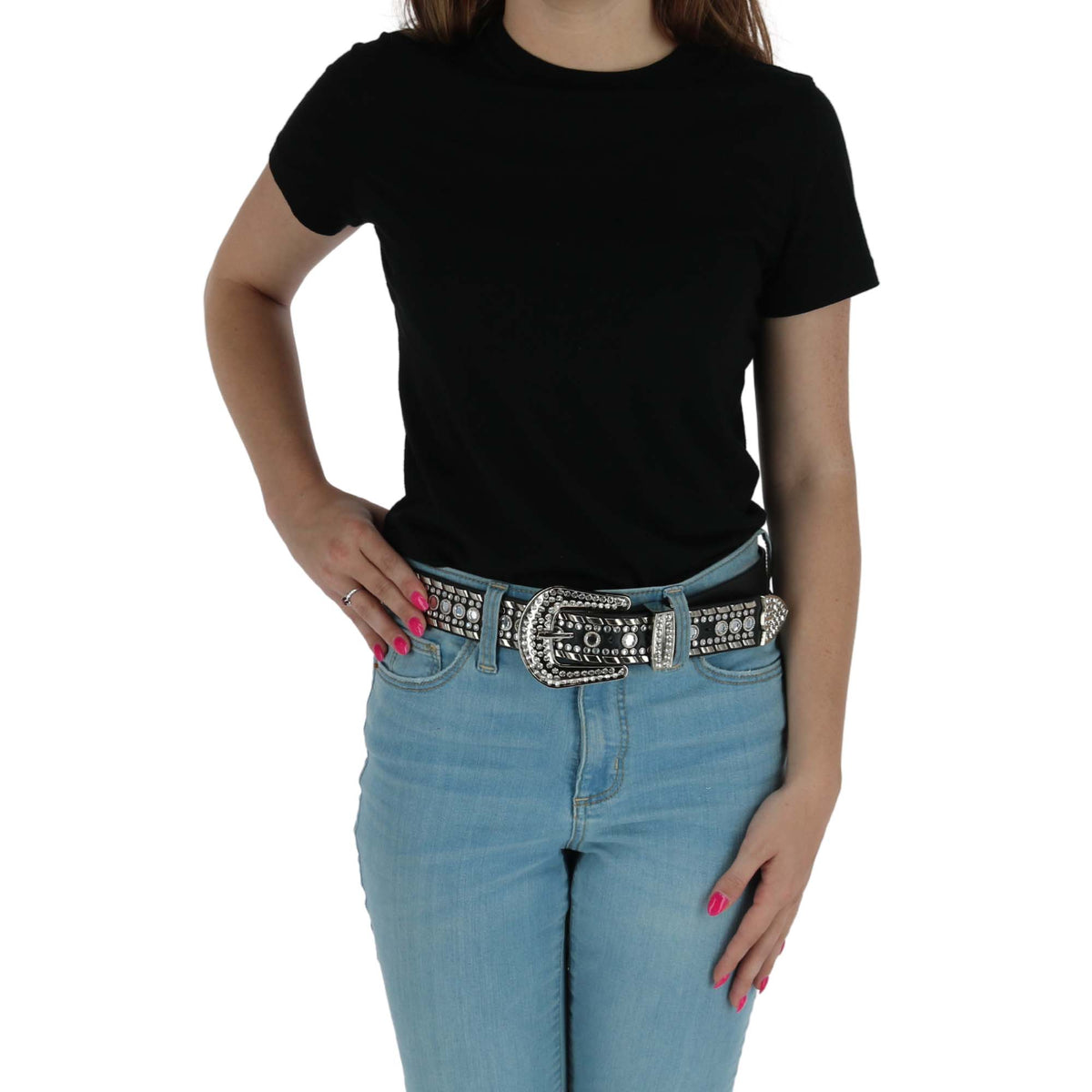 CTM® Women's Western Rhinestone Belt 1.5 Inch Wide Bling Cowgirl Belt (Plus Size Available) - Black