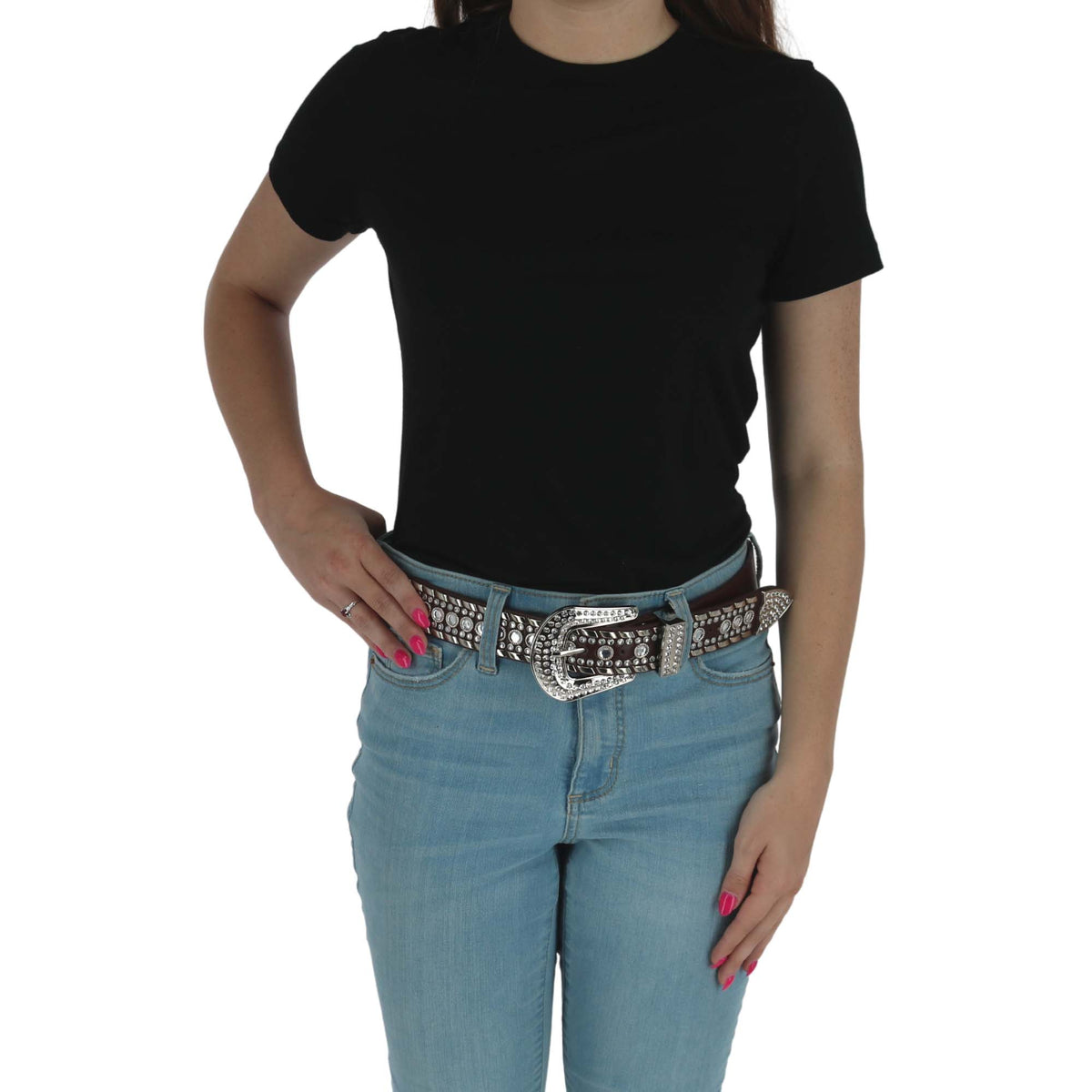 CTM® Women's Western Rhinestone Belt 1.5 Inch Wide Bling Cowgirl Belt (Plus Size Available) - Brown