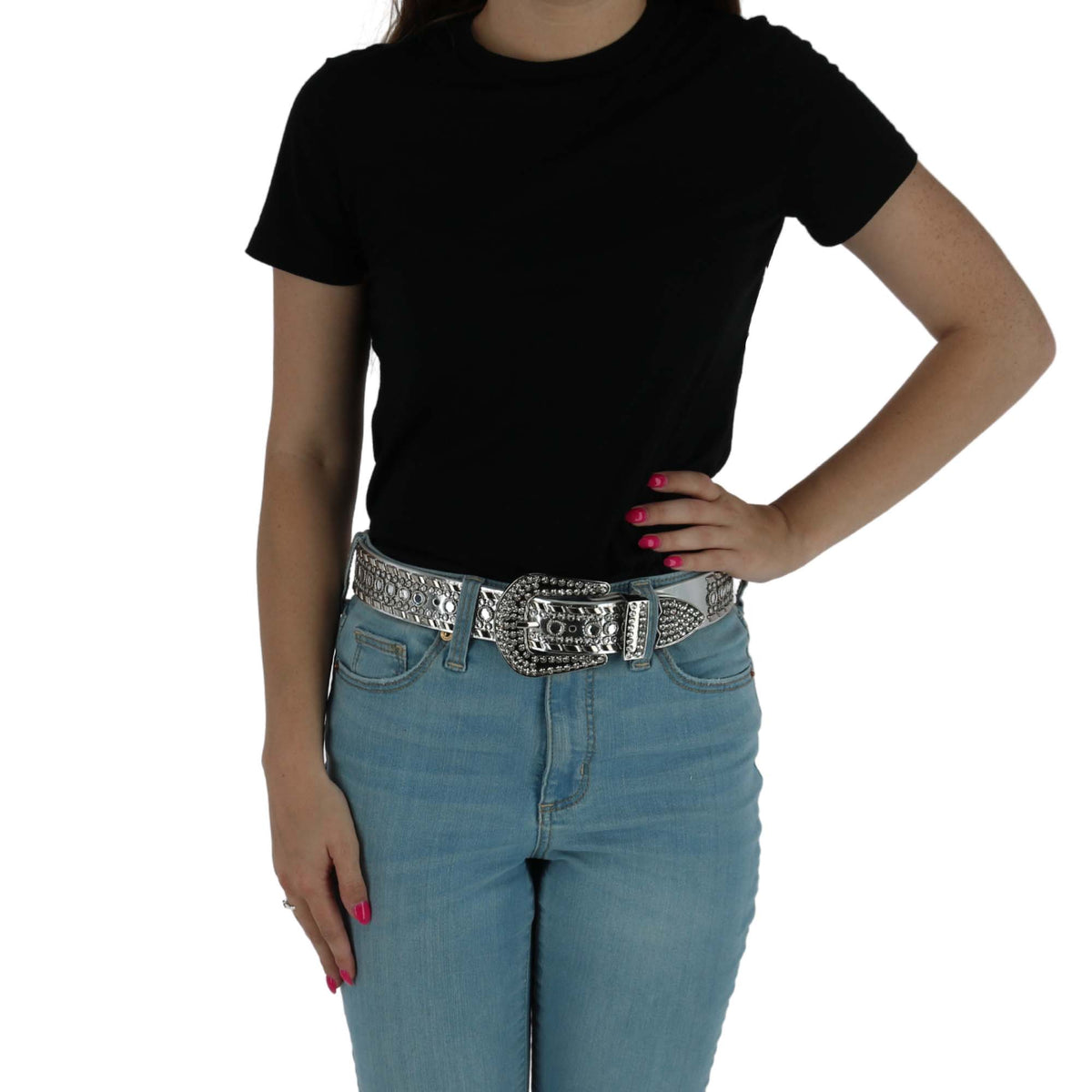 CTM® Women's Western Rhinestone Belt 1.5 Inch Wide Bling Cowgirl Belt (Plus Size Available) - Silver