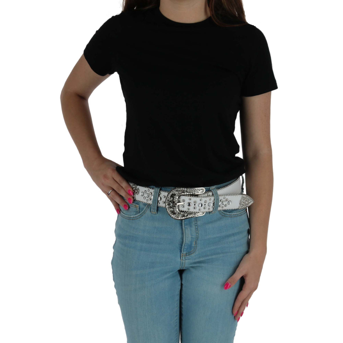 CTM® Women's Western Rhinestone Belt 1.5 Inch Wide Bling Cowgirl Belt (Plus Size Available) - White
