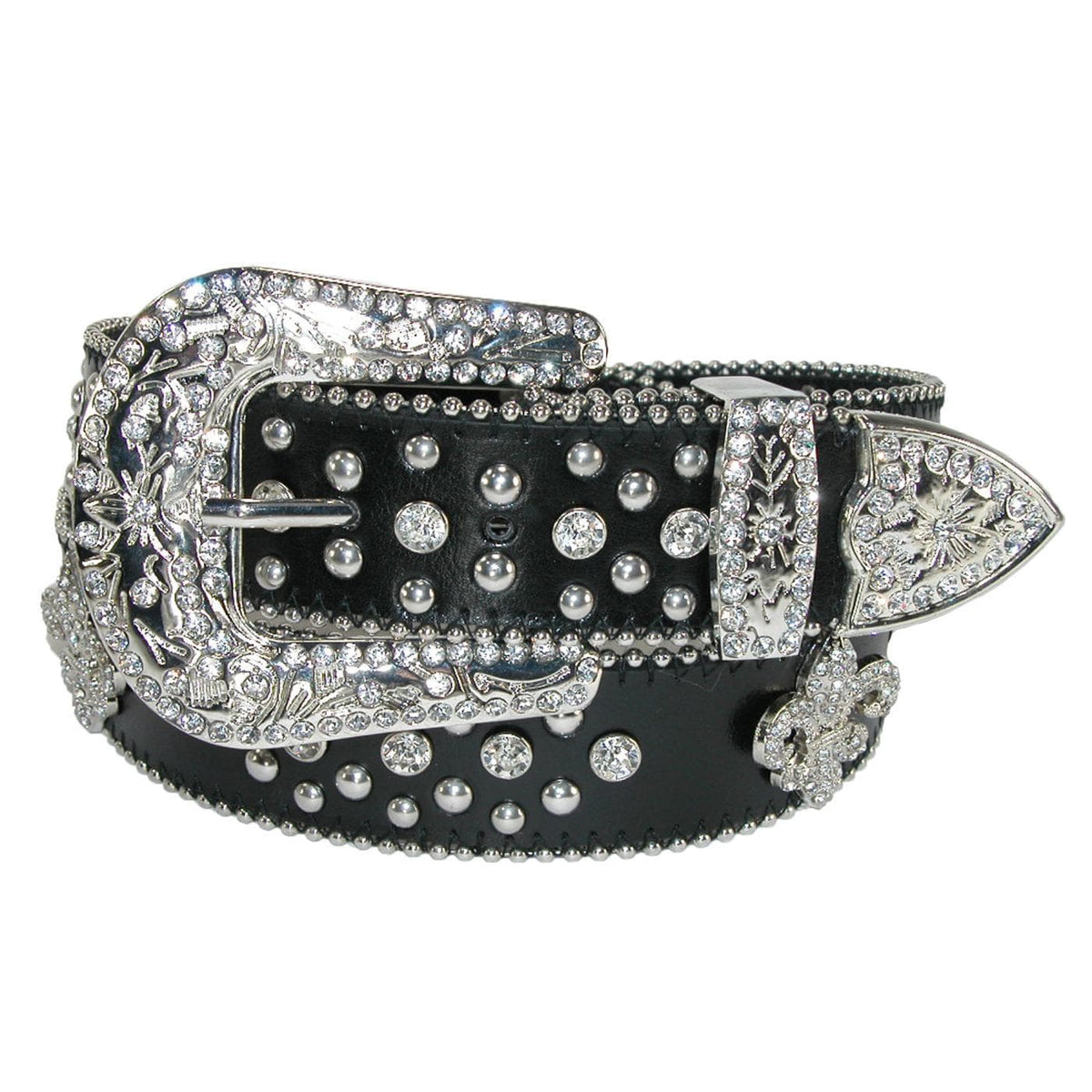 CTM® Women's Fleur de Lis Studded Rhinestone Western Bling Belt - Black