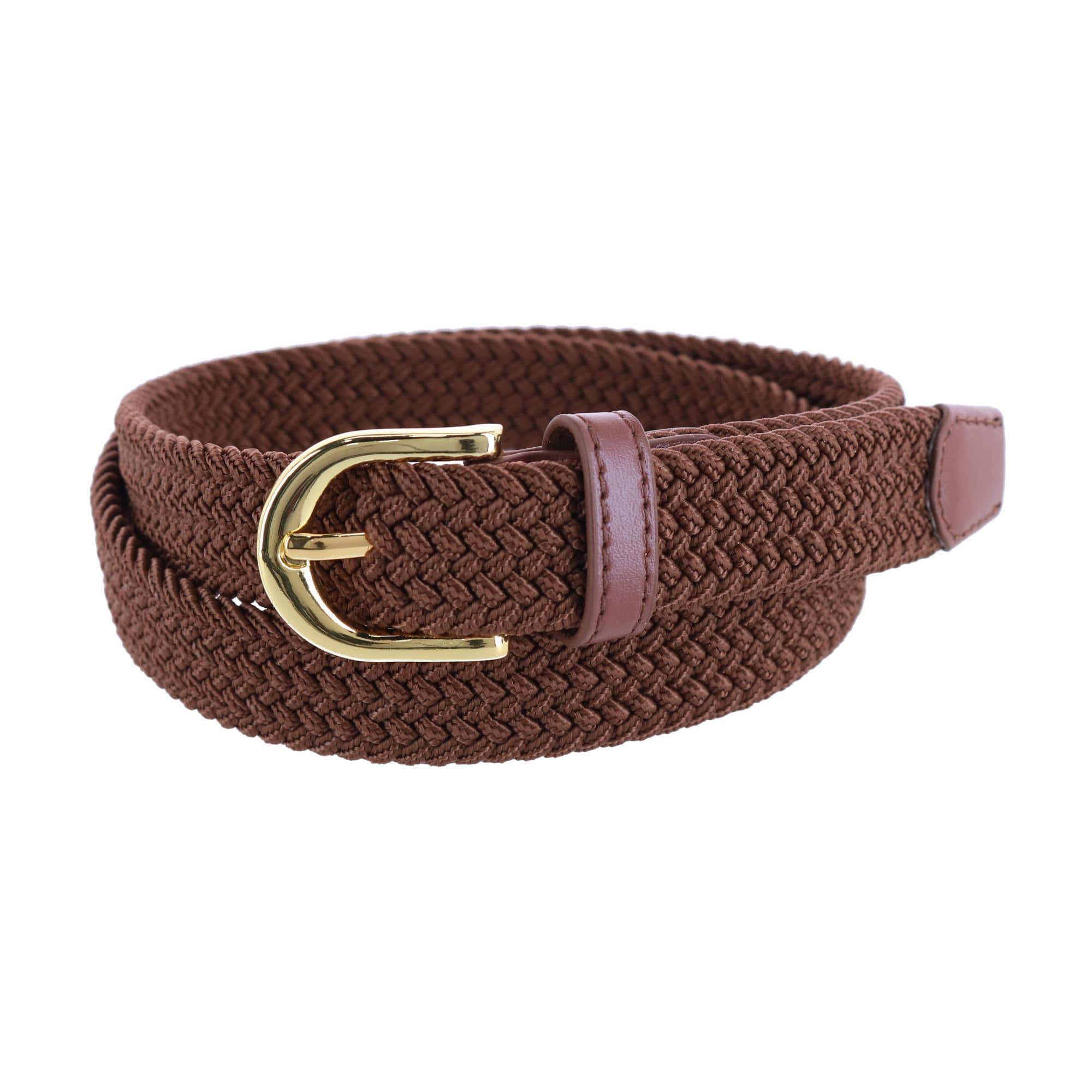 CTM® Women's Elastic Braided Stretch Belt with Gold Buckle 1 Inch - Brown