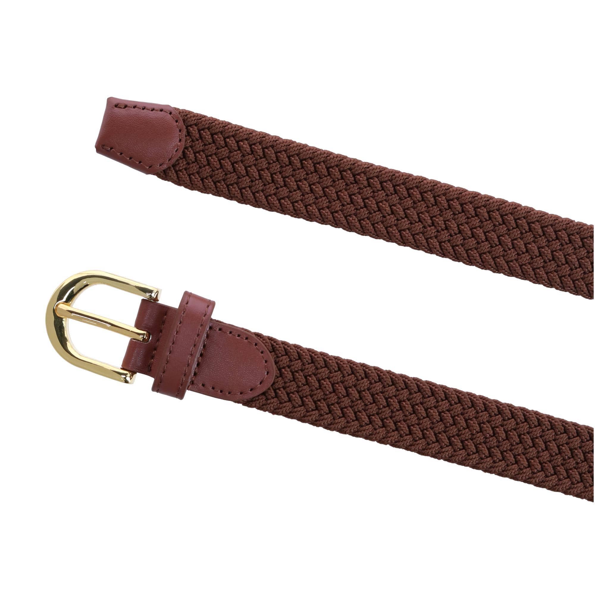 CTM® Women's Elastic Braided Stretch Belt with Gold Buckle 1 Inch - Brown