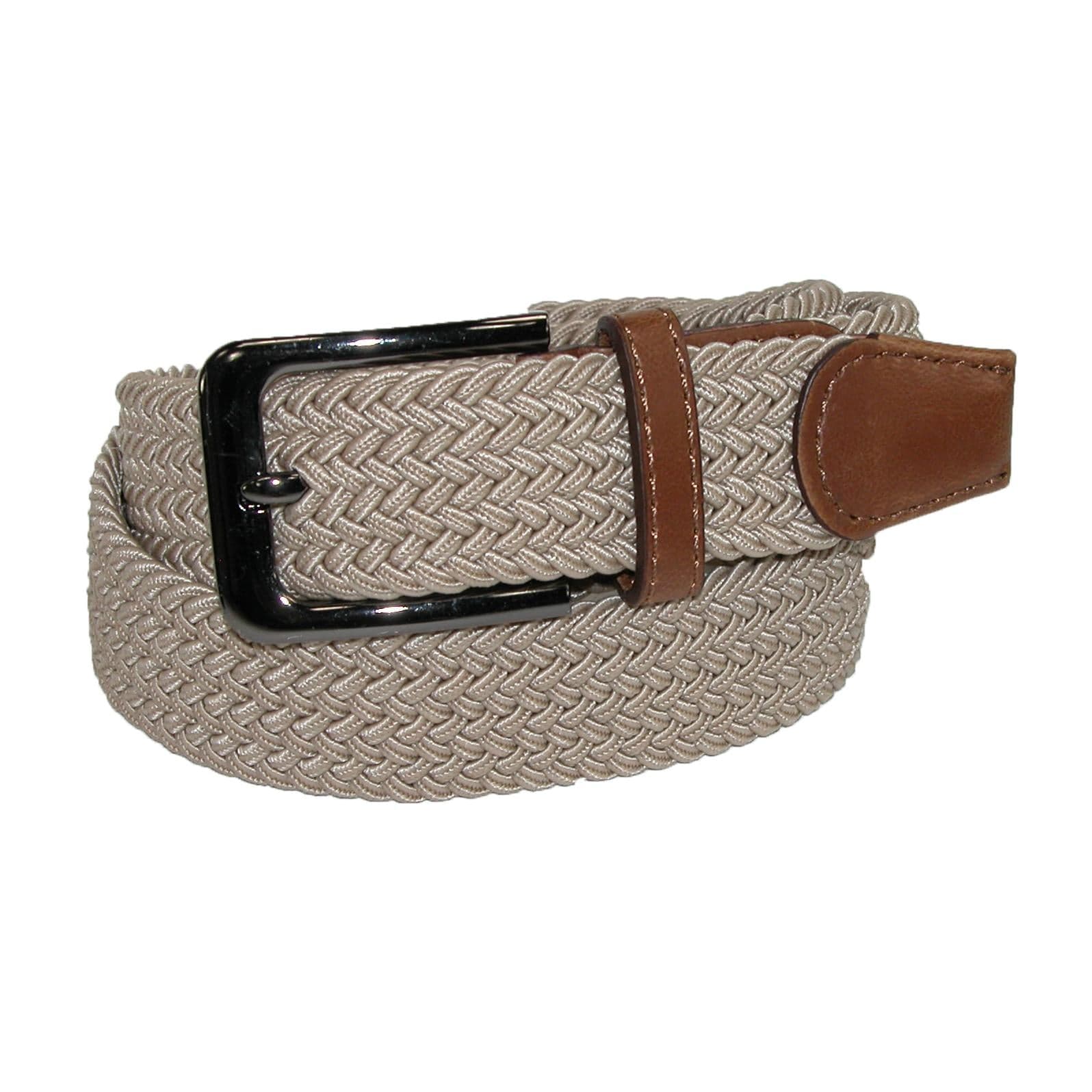 Men's Elastic Braided Stretch Belt with Silver Buckle and Tan Tabs