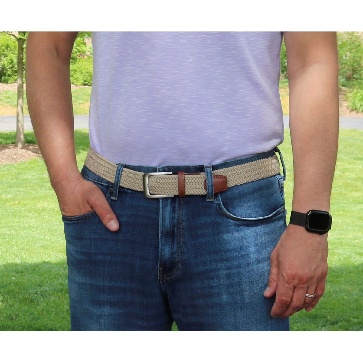 CTM® Men's Elastic Braided Stretch Belt with Silver Buckle and Tan Tabs - Beige